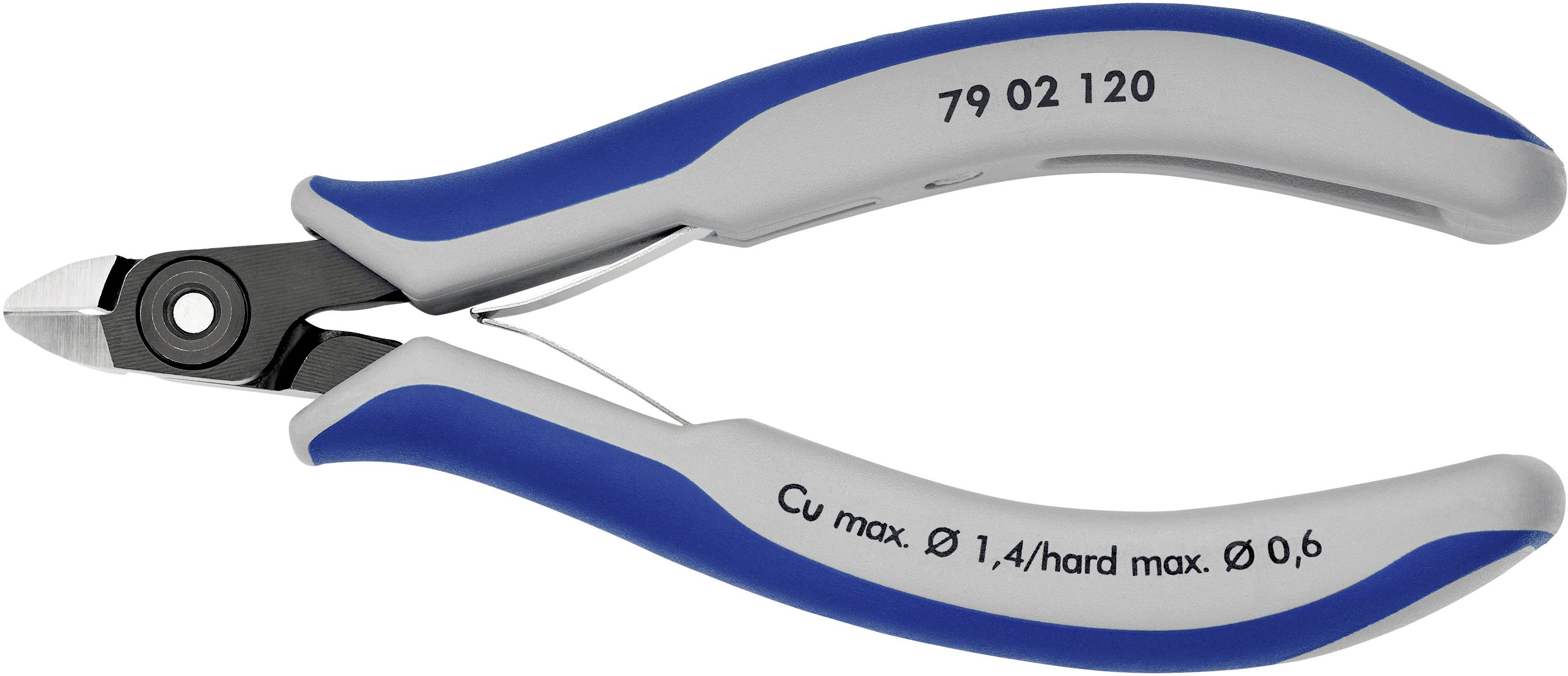 Eine blaugraue Seitenschneiderzange mit der Aufschrift 'Cu max. Ø 1,4/hard max. Ø 0,6' und einer Produktnummer.