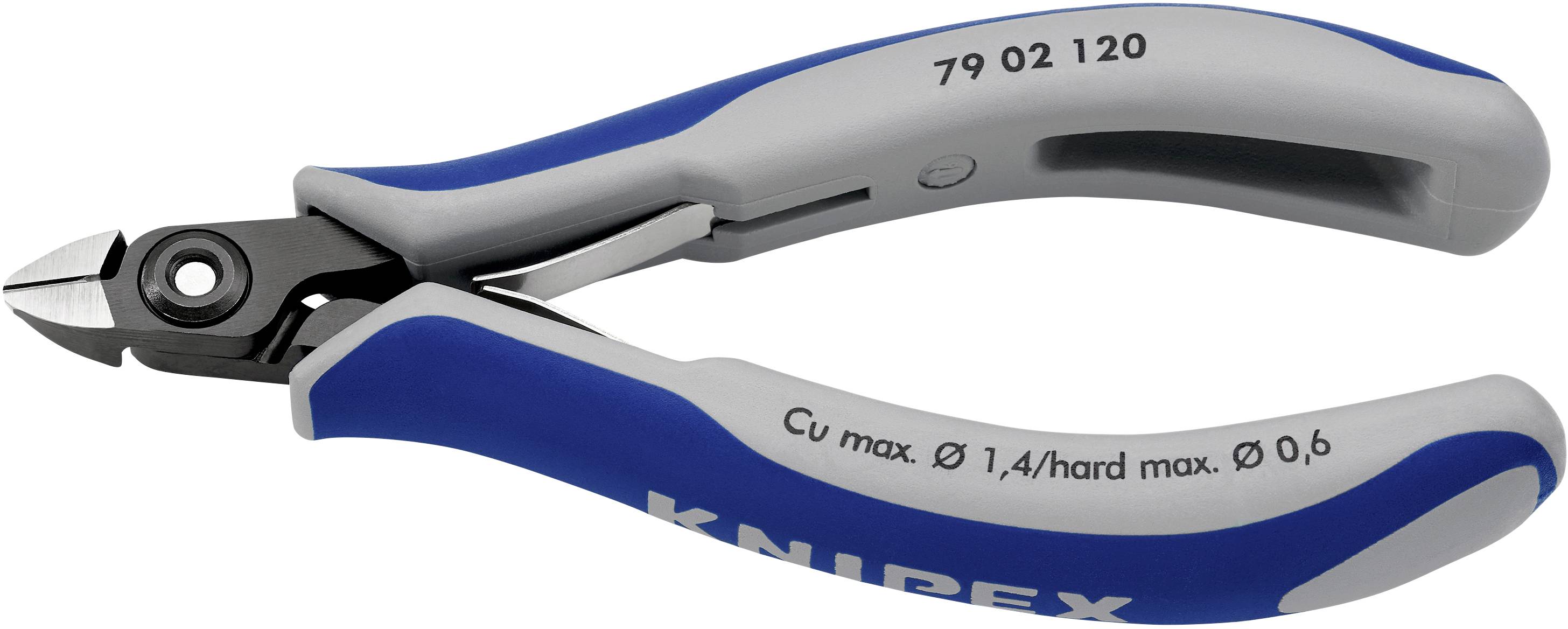 Blauer und grauer Seitenschneider mit Beschriftung 'Knipex' auf dem Griff. Gedacht für präzises Schneiden von Kupfer- und harten Drähten.