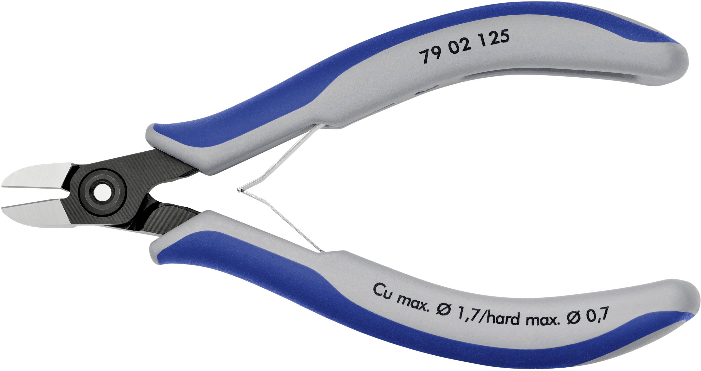 Eine Zange mit blau-grauen Griffen und Klingen aus Metall, geeignet für das Schneiden von Kupferdrähten bis zu 1,7 mm Durchmesser.