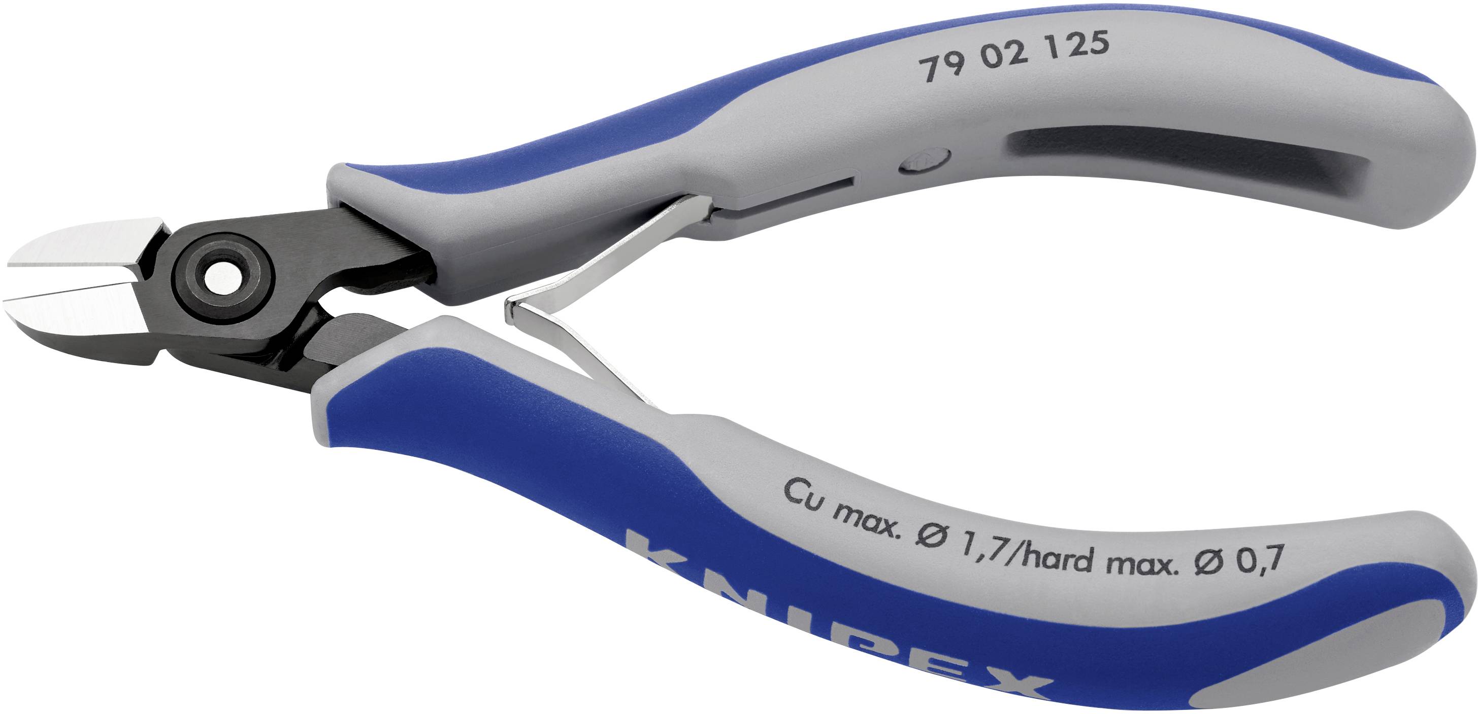 Seitenschneider mit blauen Griffen und Aufschrift 'Knipex', geeignet für Kupferdrähte bis Ø 1,7 mm und harte Drähte bis Ø 0,7 mm.