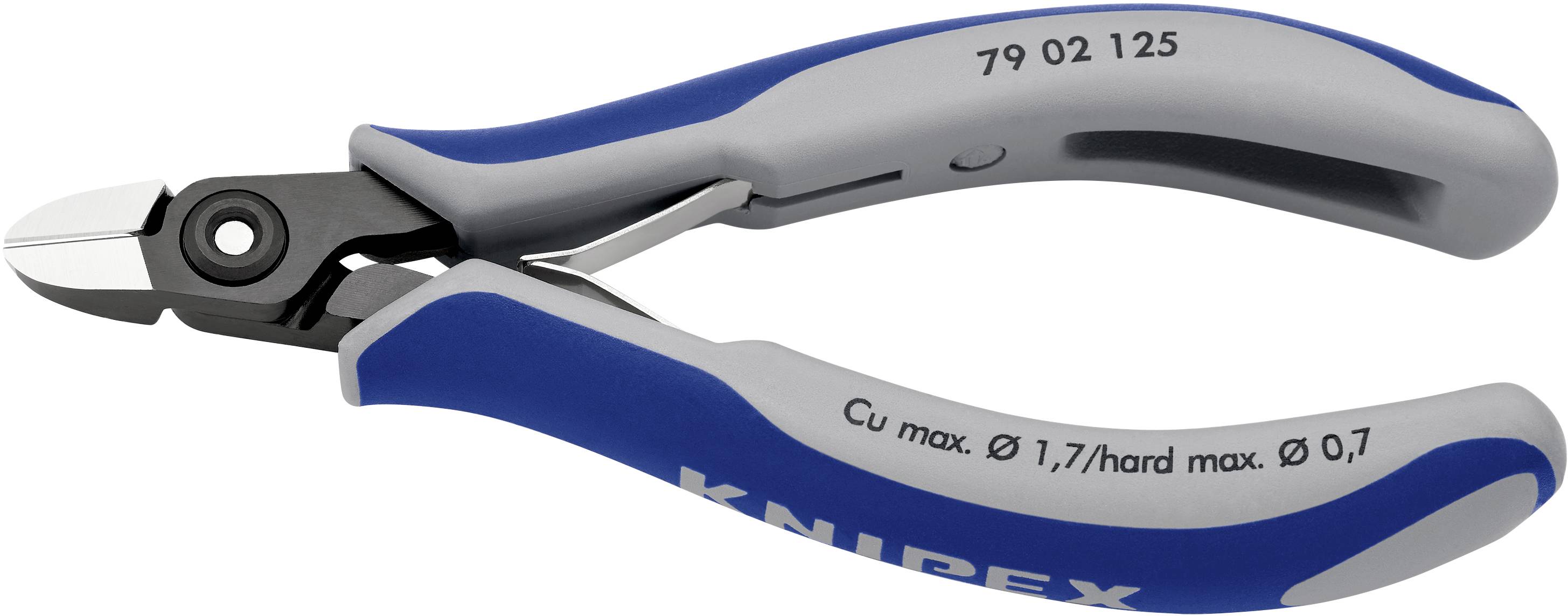 Seitenschneider mit blauen und grauen Griffen, Aufdruck zeigt 'Cu max. Ø 1,7/hard max. Ø 0,7', geeignet für präzises Schneiden von Drähten.