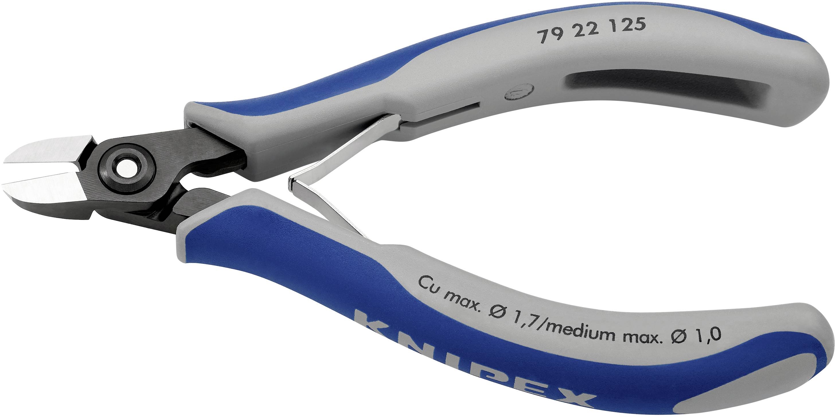 Blauer und grauer Seitenschneider mit Aufschrift 'Cu max. Ø 1,7/medium max. Ø 1,0', geeignet zum Schneiden von Drähten und Kabeln.