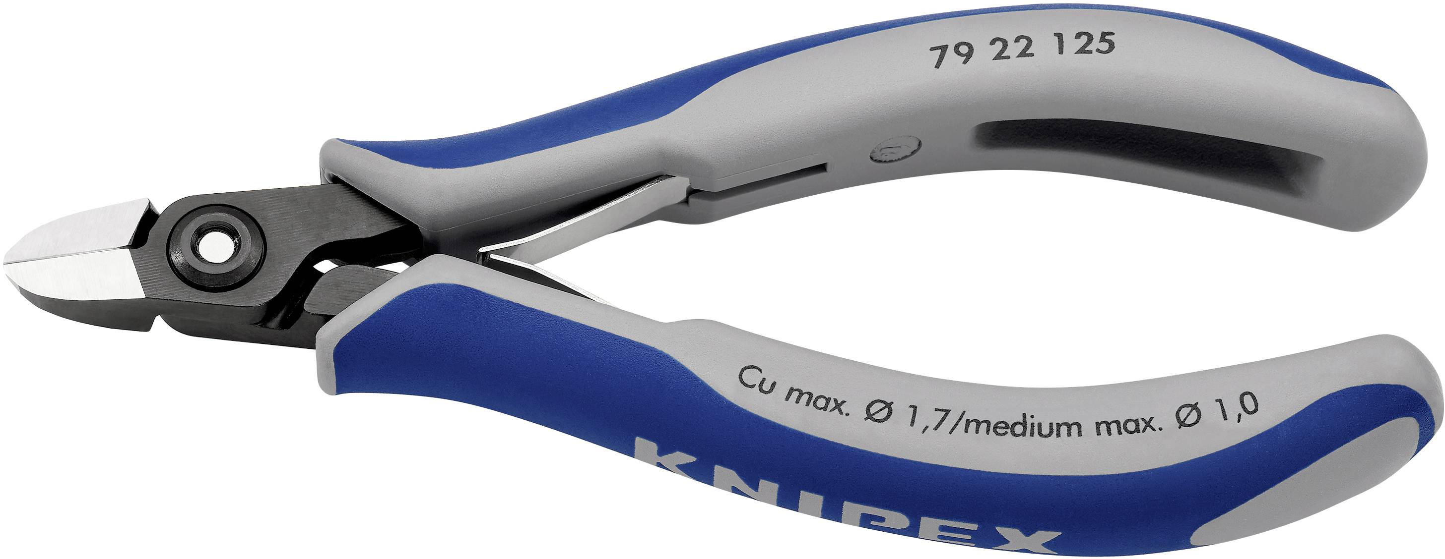 Seitenschneider mit blauen Griffen, geeignet für maximal Ø 1,7 mm bei Kupferdrähten und maximal Ø 1,0 mm bei mittleren Härten.