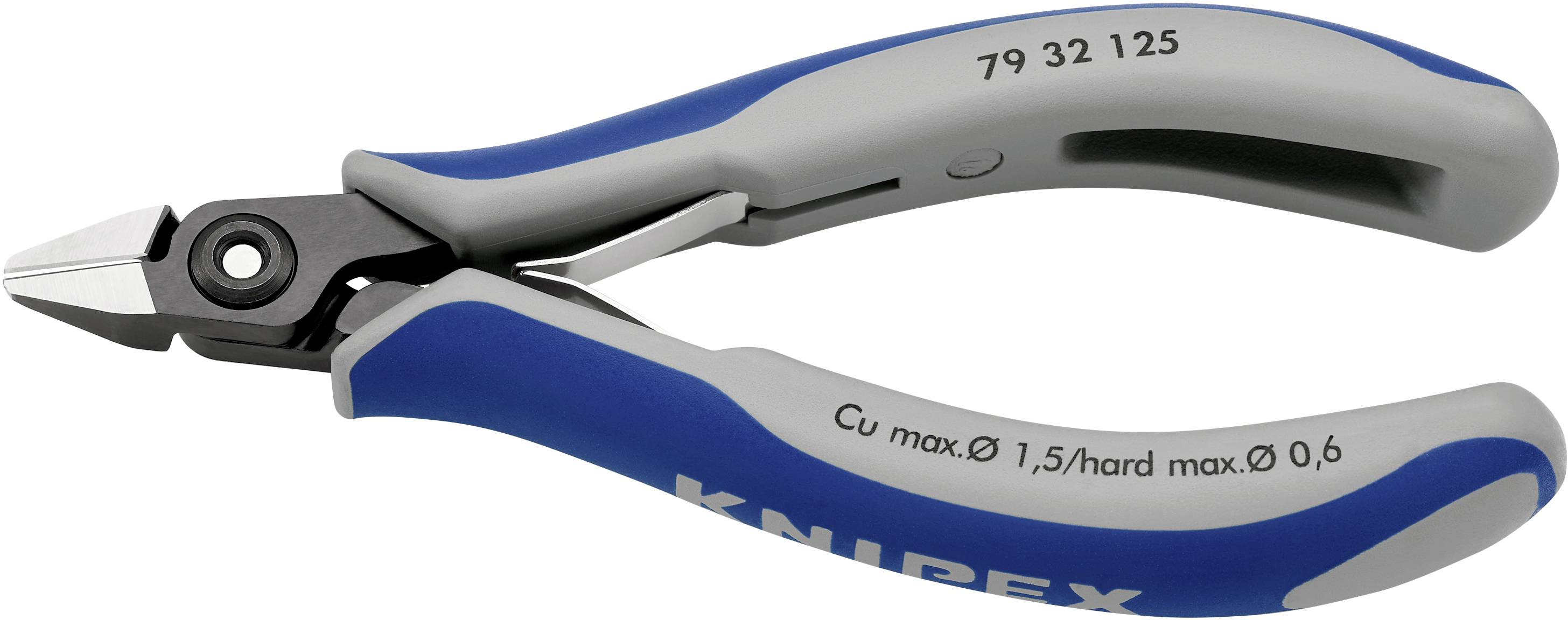 Eine kleine, blau-graue Präzisionszange mit ergonomischem Griff und Schneidklingen. Sie zeigt technische Spezifikationen auf der Seite.