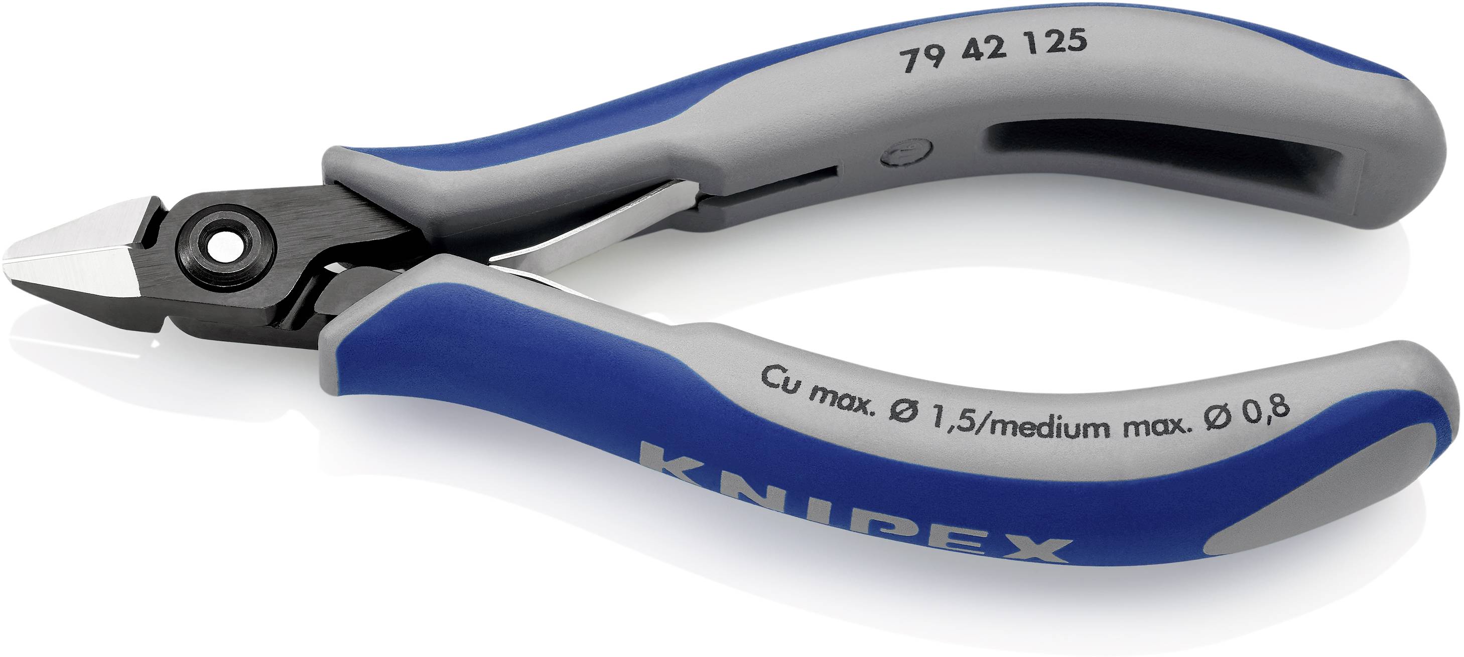 Blauer und grauer Seitenschneider mit der Aufschrift 'KNIPEX' und technischen Spezifikationen auf dem Griff.