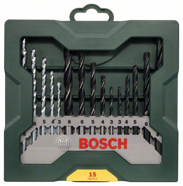 'Bosch' Bohrer-Set mit 15 Teilen in grünem Koffer, verschiedene Größen, geeignet für Metall, Holz und Stein.