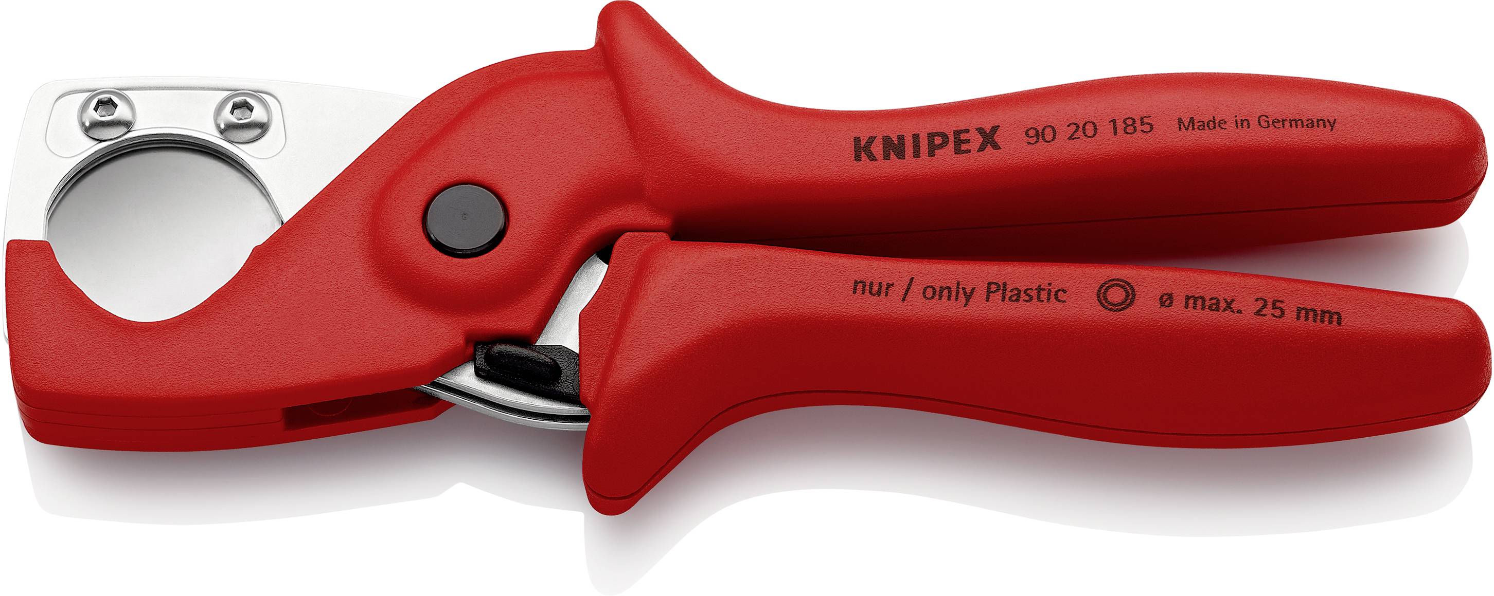 Rote Kunststoff-Rohrschere mit scharfer Klinge. Geeignet für Rohre bis 25 mm Durchmesser. Aufschrift 'nur/only Plastic'.
