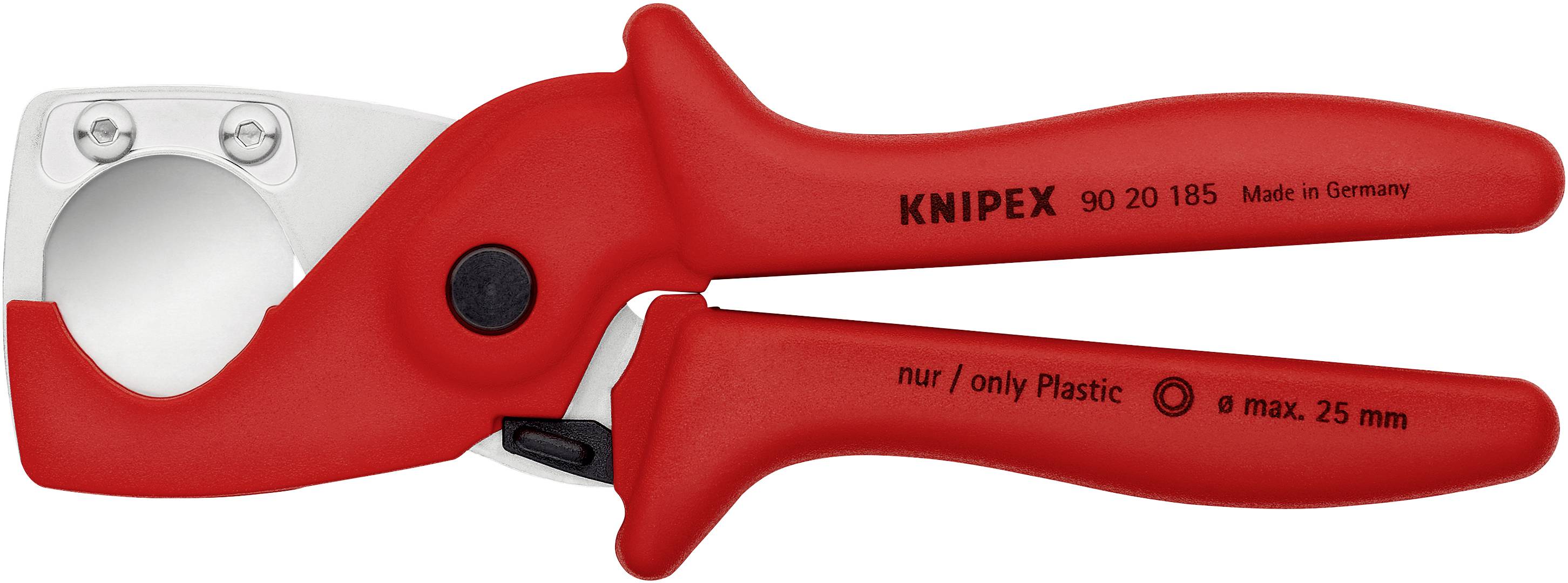 Roter Kunststoffrohrschneider mit Klingenöffnung, geeignet für maximal 25 mm Durchmesser, mit Aufschrift 'Knipex' und 'nur/only Plastic'.