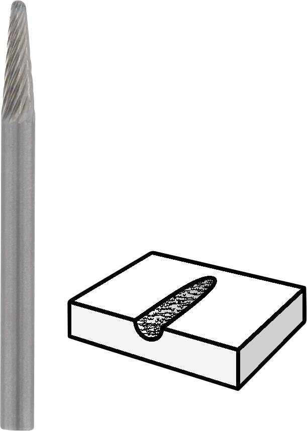 Dünner Fräser mit kegelförmiger Spitze neben einer Zeichnung, die das Fräsergebnis in einem rechteckigen Werkstück zeigt.