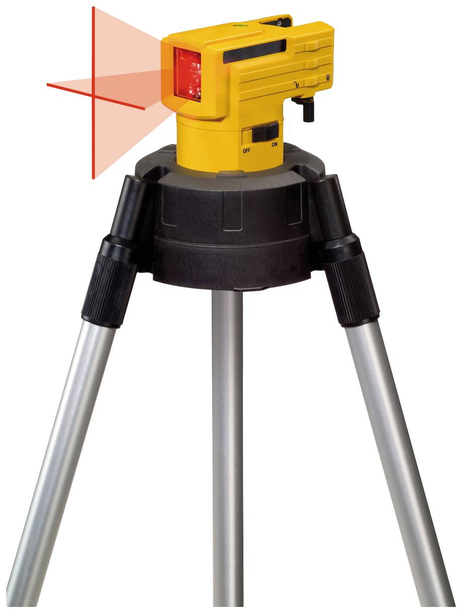 Ein gelber Laser-Nivellier auf einem Stativ projiziert rote Linien zur präzisen Vermessung und Ausrichtung in Bauprojekten.