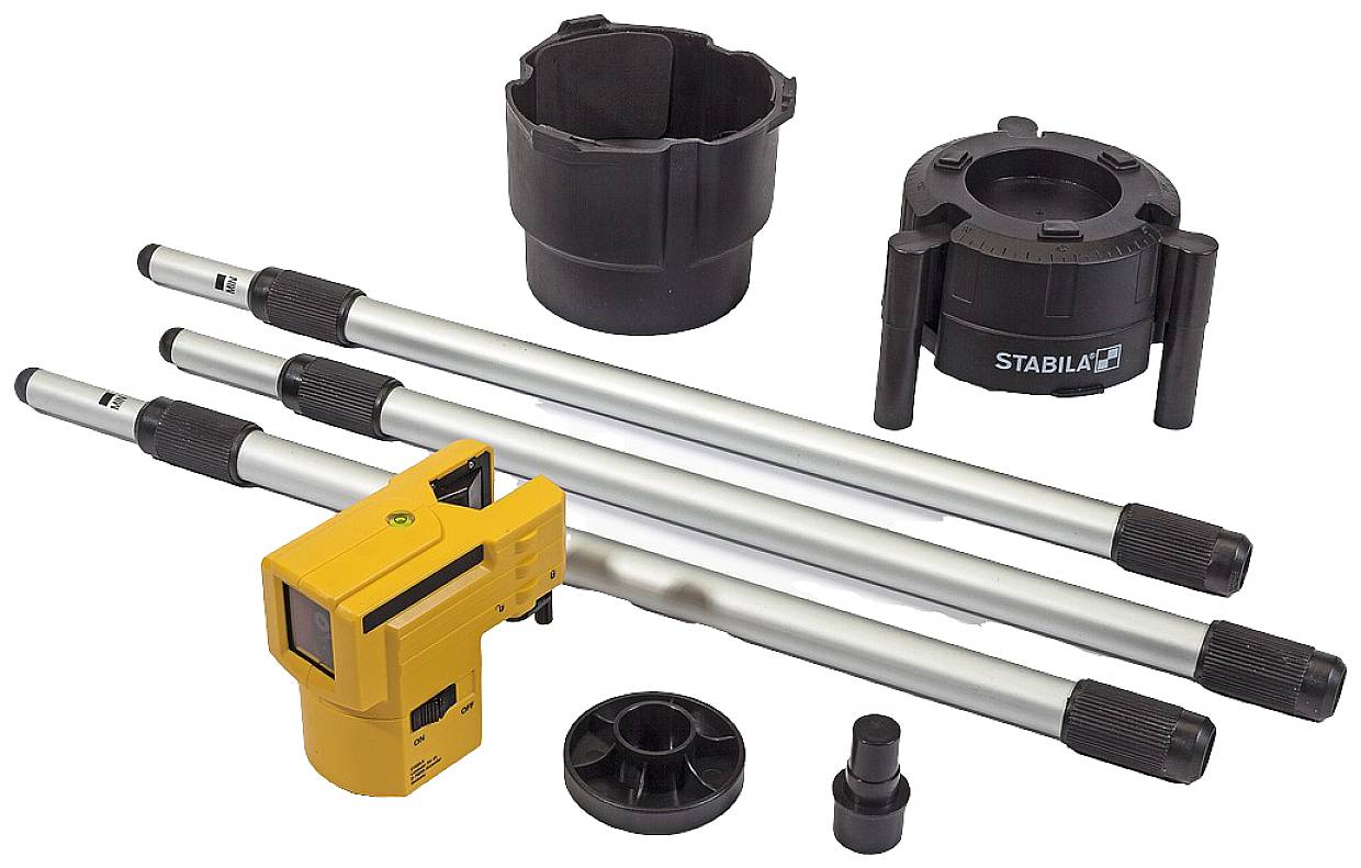 Set tragbarer Laser mit Stangen, Halterungen und Lasermodul, geeignet für Bau- und Vermessungsarbeiten.