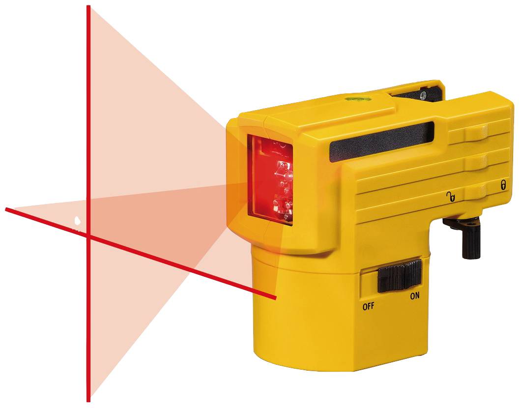 Gelbes Lasernivelliergerät projiziert rote Laserlinien in einem Kreuzmuster.