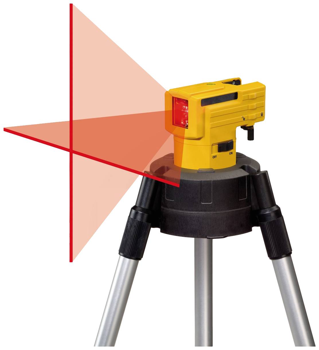 Gelber Kreuzlinienlaser auf Stativ projiziert rote horizontalen und vertikalen Linien auf eine Fläche.