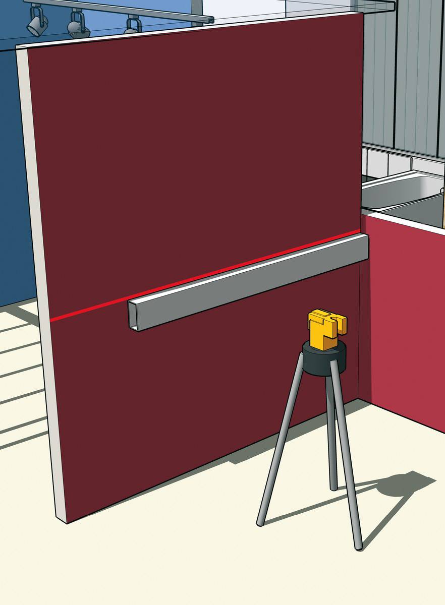 Ein Laser-Nivellierer auf einem Stativ projiziert eine rote Linie auf eine rote Wand, um eine horizontale Ausrichtung zu gewährleisten.