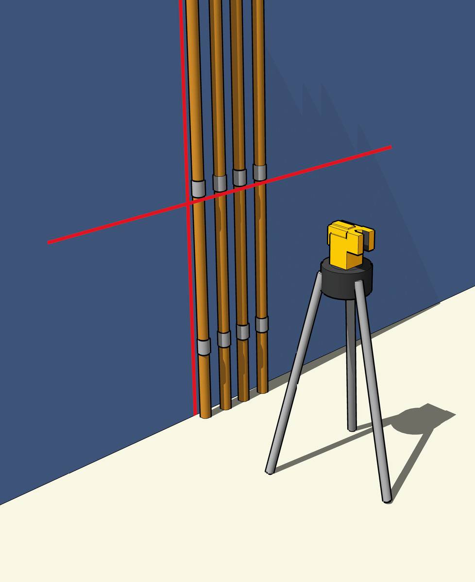 Ein Lasernivelliergerät auf einem Stativ projiziert rote Laserlinien horizontal und vertikal auf eine blaue Wand mit vier senkrechten Rohren.