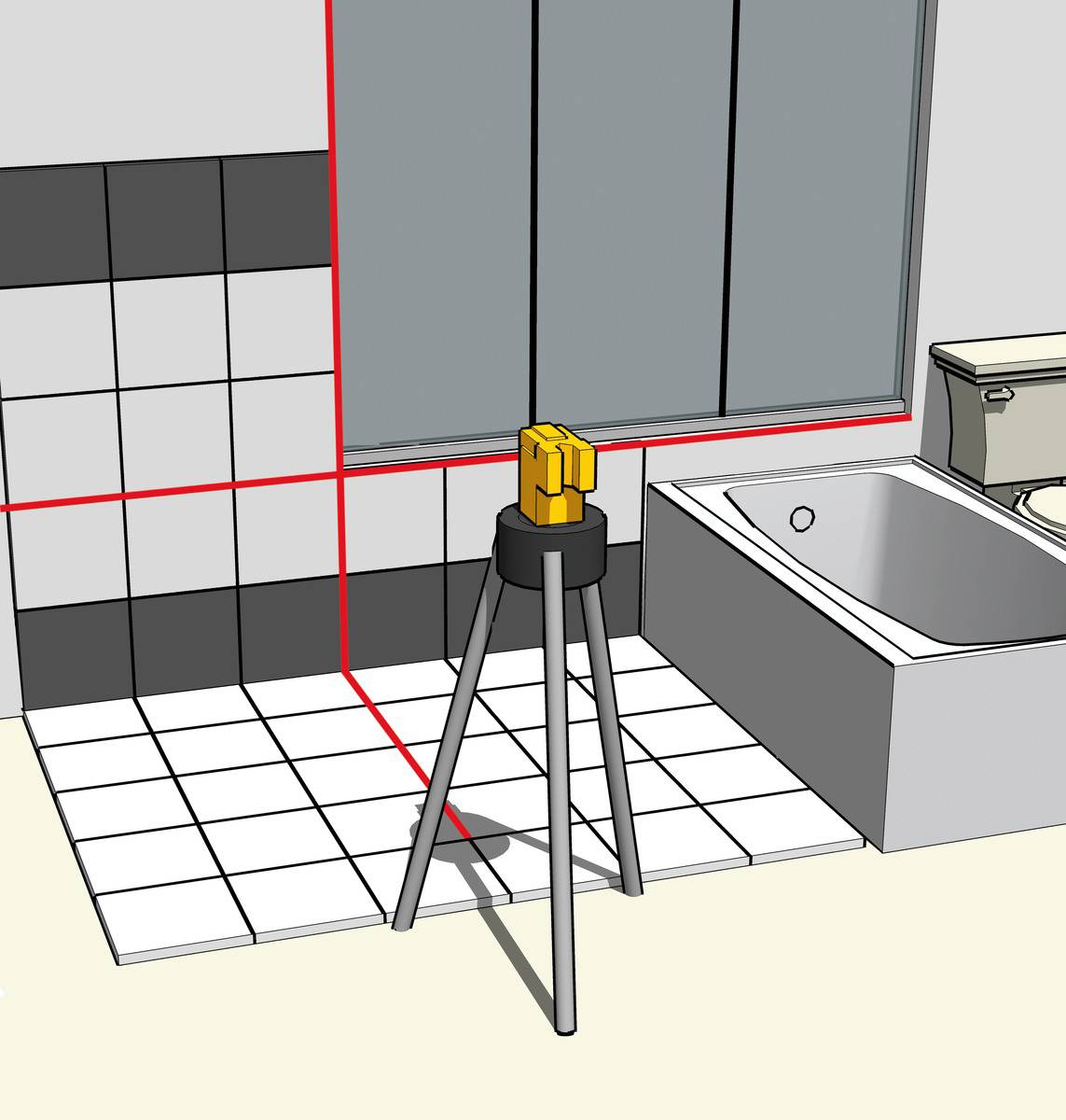 Eine Laser-Wasserwaage auf einem Stativ projiziert rote Linien auf eine Badezimmerwand und den Boden, um das Fliesenlegen zu erleichtern.