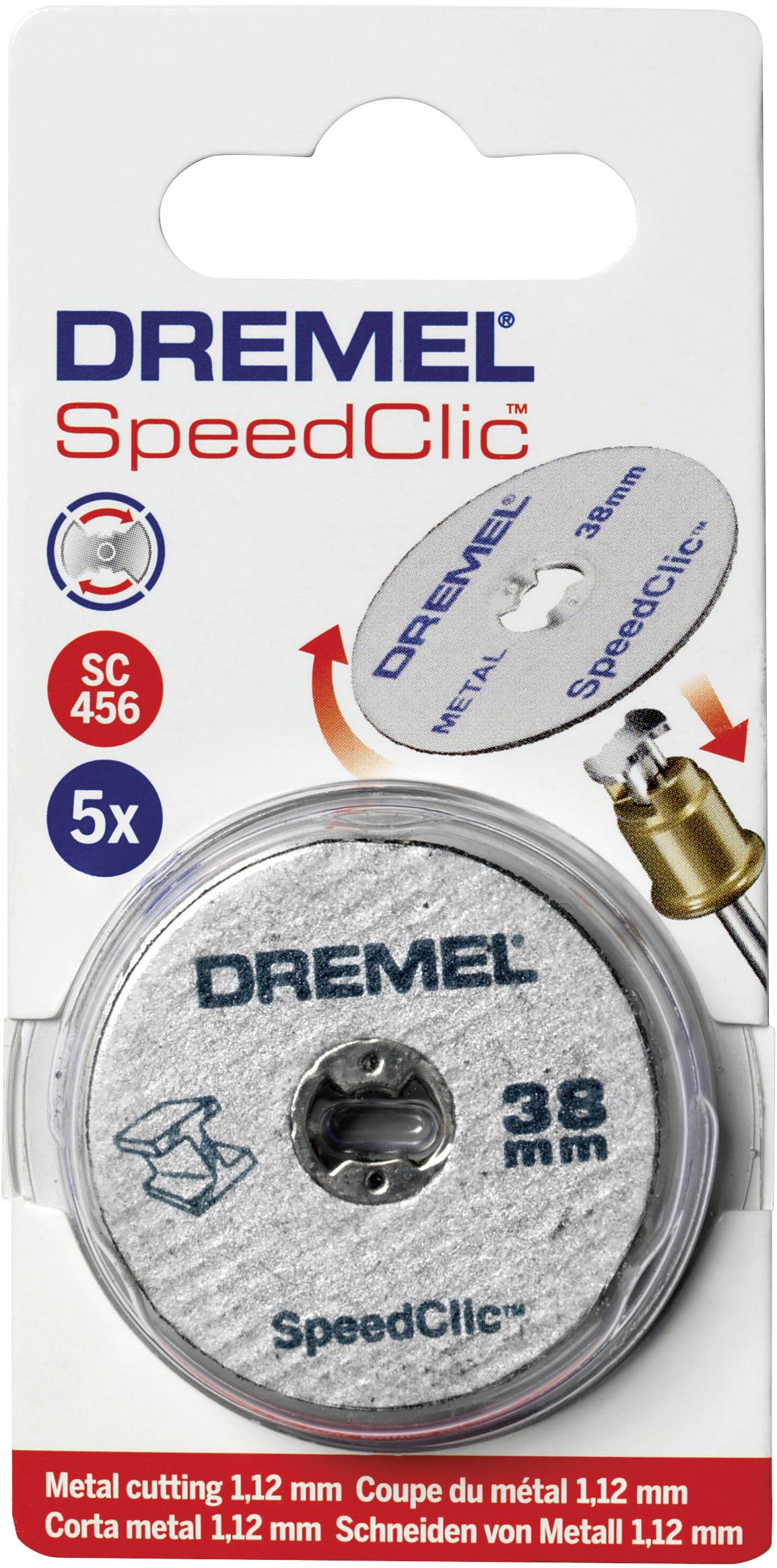 Verpackung von DREMEL SpeedClic Trennscheiben, speziell für Metallschneiden. Enthält 5 Scheiben mit einem Durchmesser von 38 mm.
