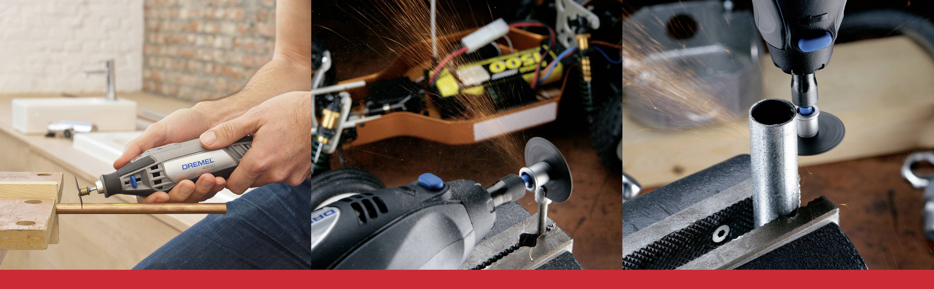 Verschiedene Anwendungen eines Multifunktionswerkzeugs: Bohren, Autoreparatur, Schleifen von Metallrohren.