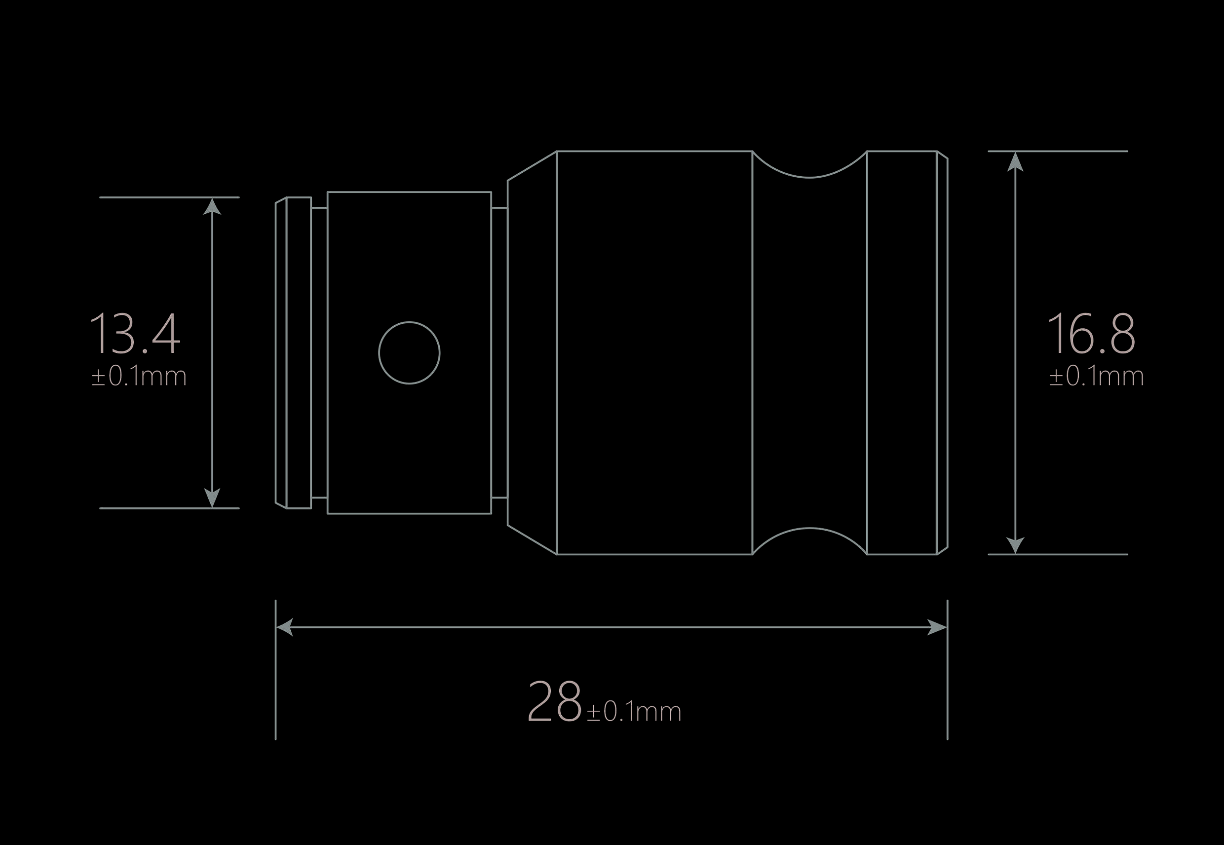 Technische Zeichnung eines zylindrischen Bauteils mit den Abmessungen 13,4 mm, 16,8 mm und Länge 28 mm, Toleranzen ±0,1 mm.