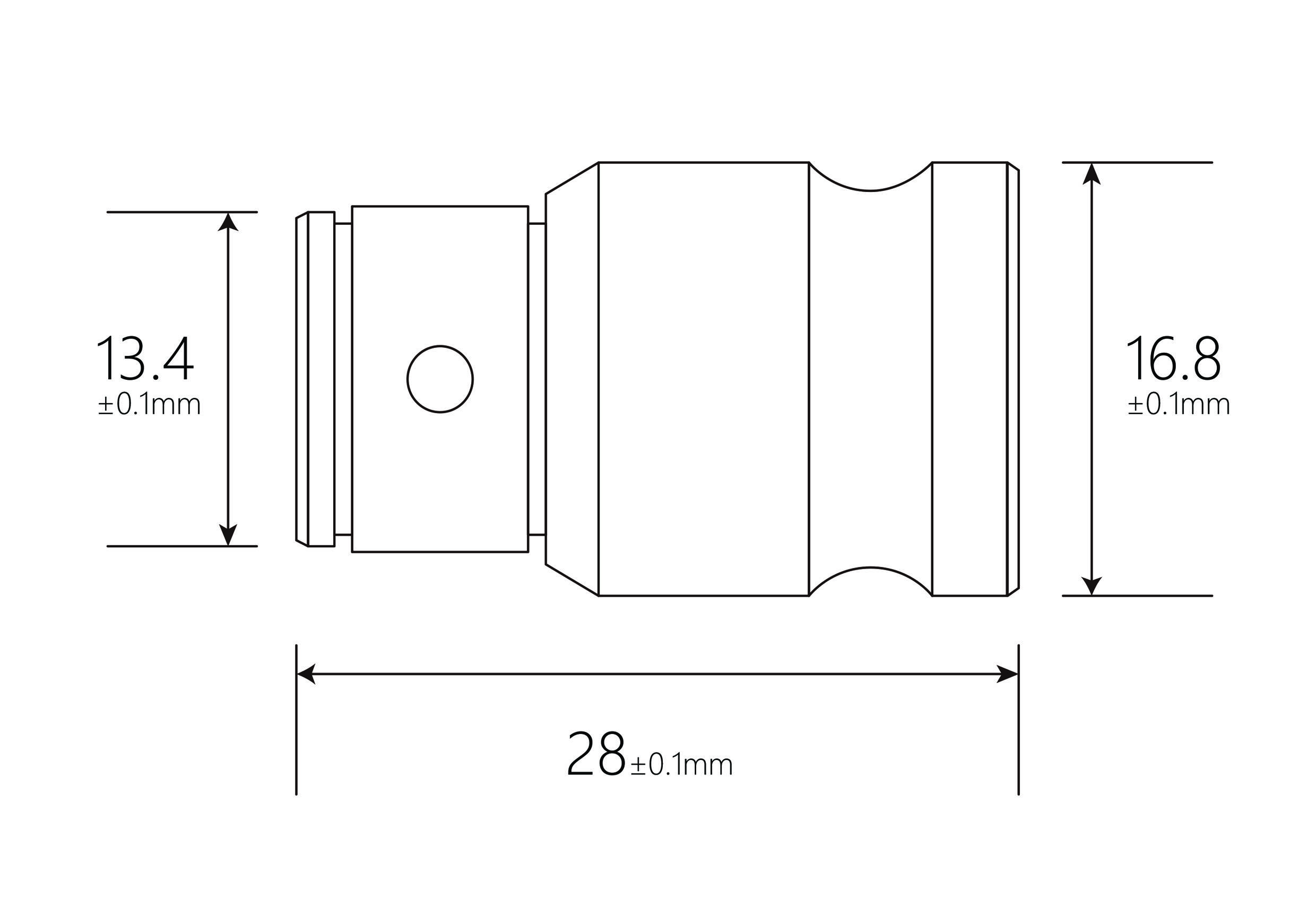 Technische Zeichnung eines zylindrischen Bauteils mit den Abmessungen 13,4 mm, 16,8 mm und Länge 28 mm, Toleranzen ±0,1 mm.