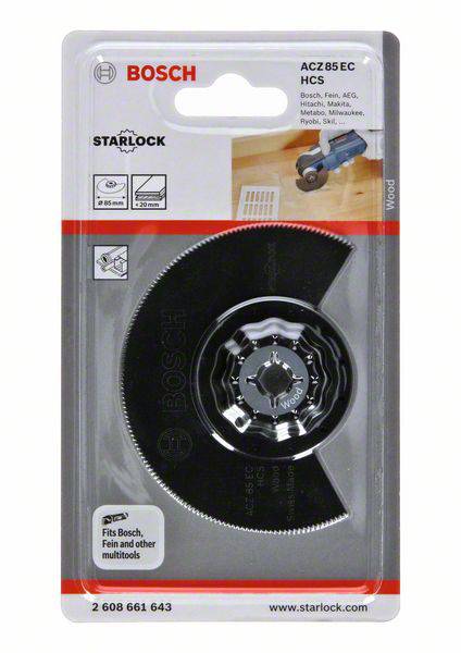 Ein Bosch Starlock Sägeblatt in einer Verpackung, geeignet für Holz- und Plastikarbeiten, kompatibel mit verschiedenen Werkzeugmarken.