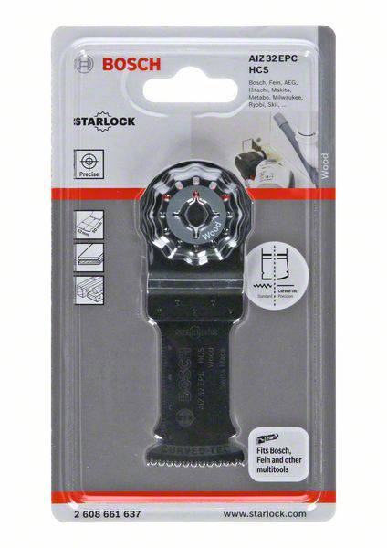 'Bosch Starlock AIZ 32 EPC HCS Sägeblatt' in Verpackung mit Produktdetails und Symbolen für Multitools-Kompatibilität.