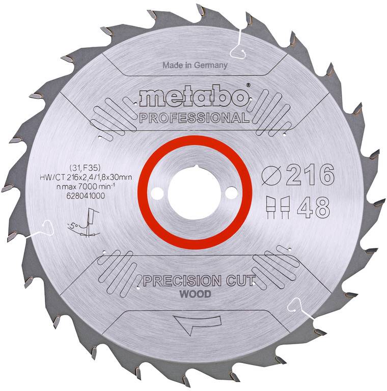 Ein Metabo Professional Präzisions-Kreissägeblatt für Holz mit 216 mm Durchmesser und 48 Zähnen, frontal dargestellt.
