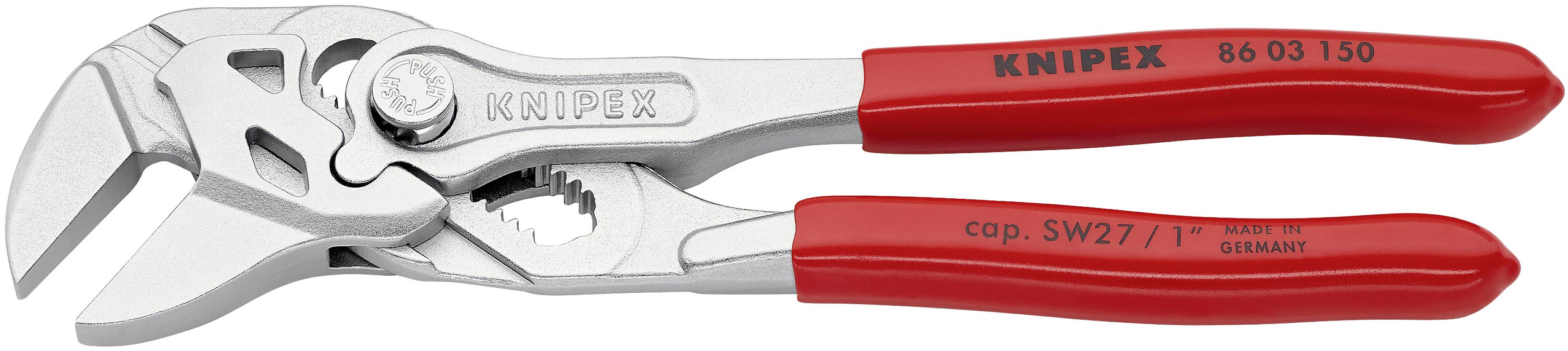 Zange mit verstellbarem Maul und roten Griffen, Marke Knipex, Modellnummer 86 03 150, aus rostfreiem Stahl, hergestellt in Deutschland.