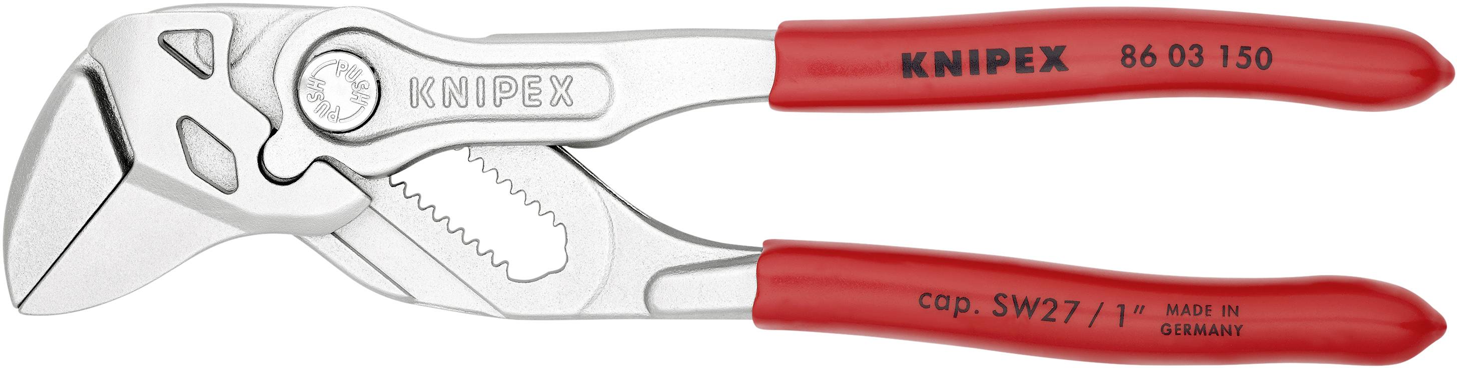 Rote Zangenschlüssel mit verstellbarem Maul, silberne Griffe und Schriftzug 'KNIPEX'. Werkzeuge für Greifen und Halten von Werkstücken.
