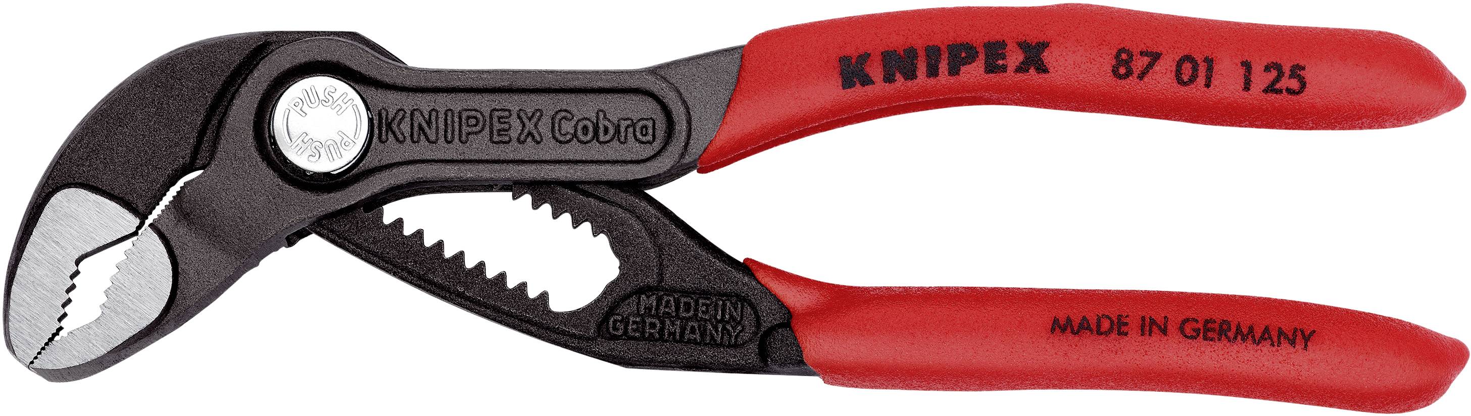 Rote KNIPEX-Wasserpumpenzange mit verstellbarem Maul und ergonomischen Griffen, Aufschrift 'KNIPEX Cobra', aus Deutschland.