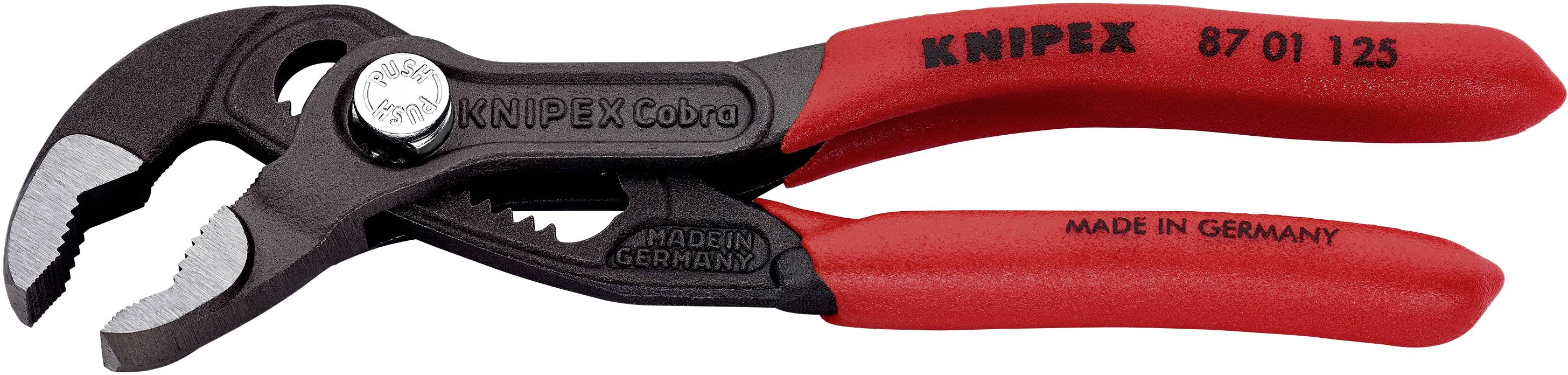 Wasserpumpenzange von Knipex mit rotem Griff und schwarzem Kopf, Beschriftung 'Made in Germany' und Modellnummer '87 01 125'.