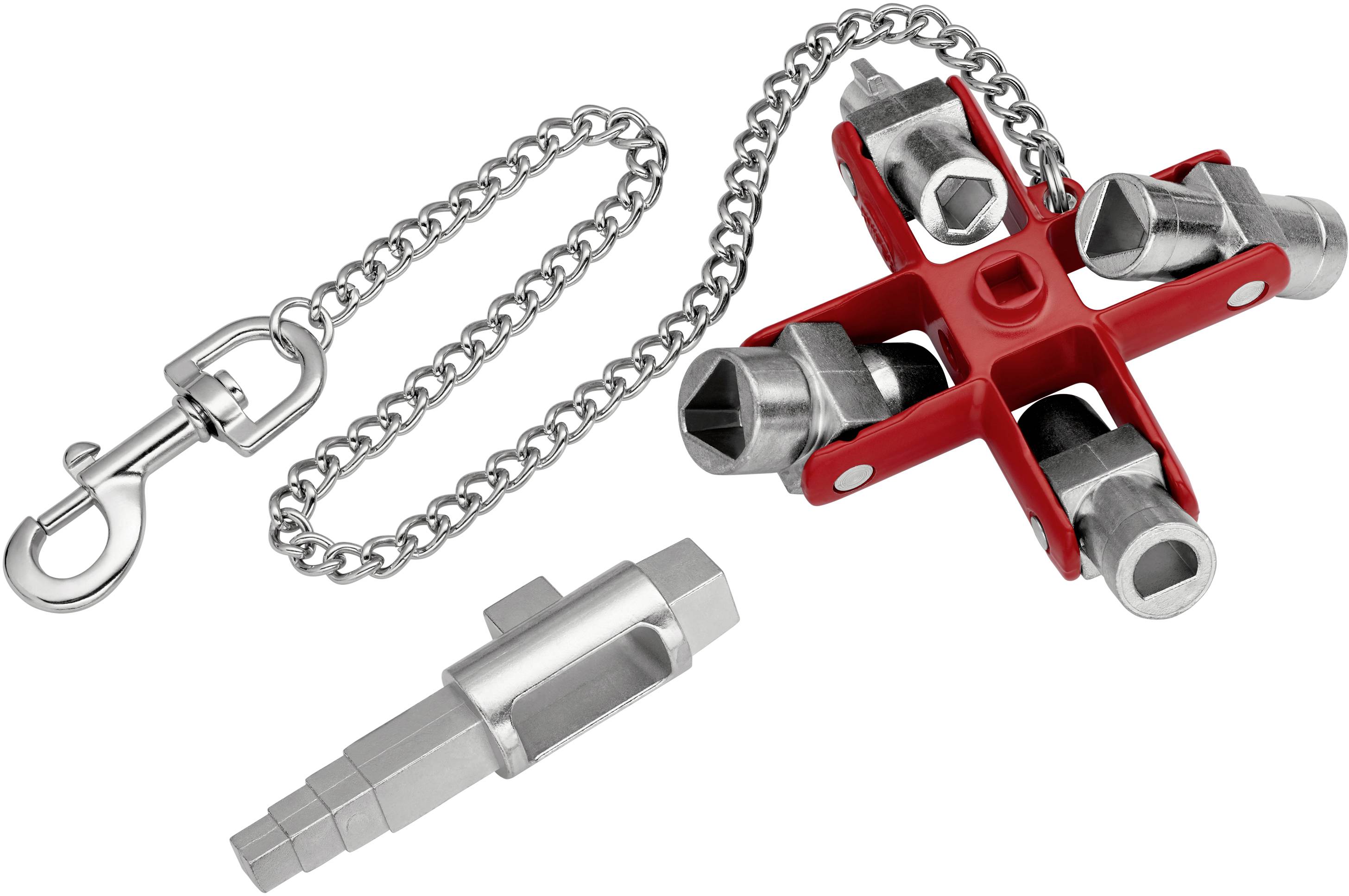 Werkzeug mit vier unterschiedlichen Adaptern und Kettenschlüssel, meist genutzt für Heizungsventile oder Wasseranschlüsse.