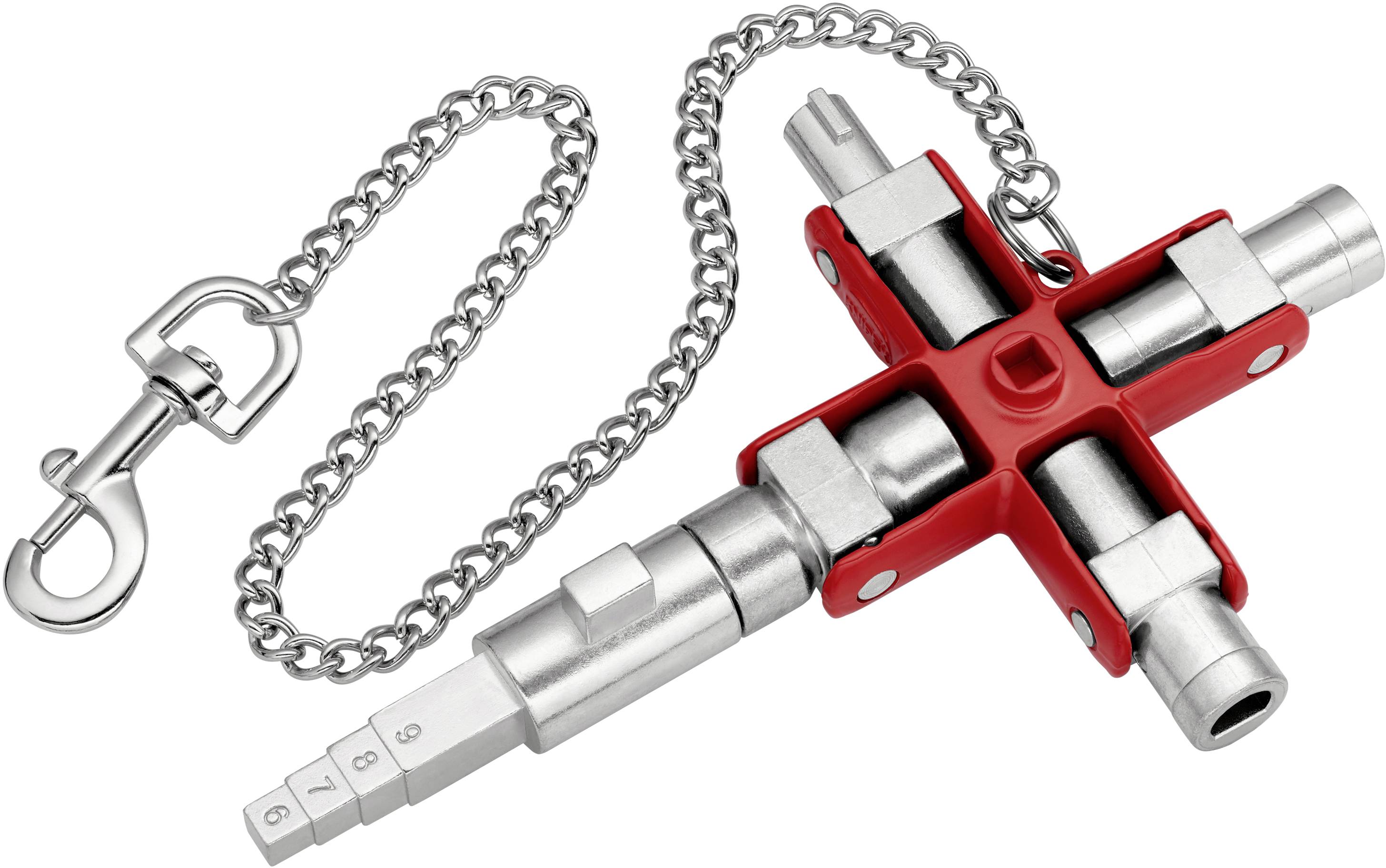 Ein multifunktionales Werkzeug mit vier rohrförmigen Einsätzen und einer Kette mit Karabiner. Hauptsächlich für Technik und Serviceanwendungen verwendet.