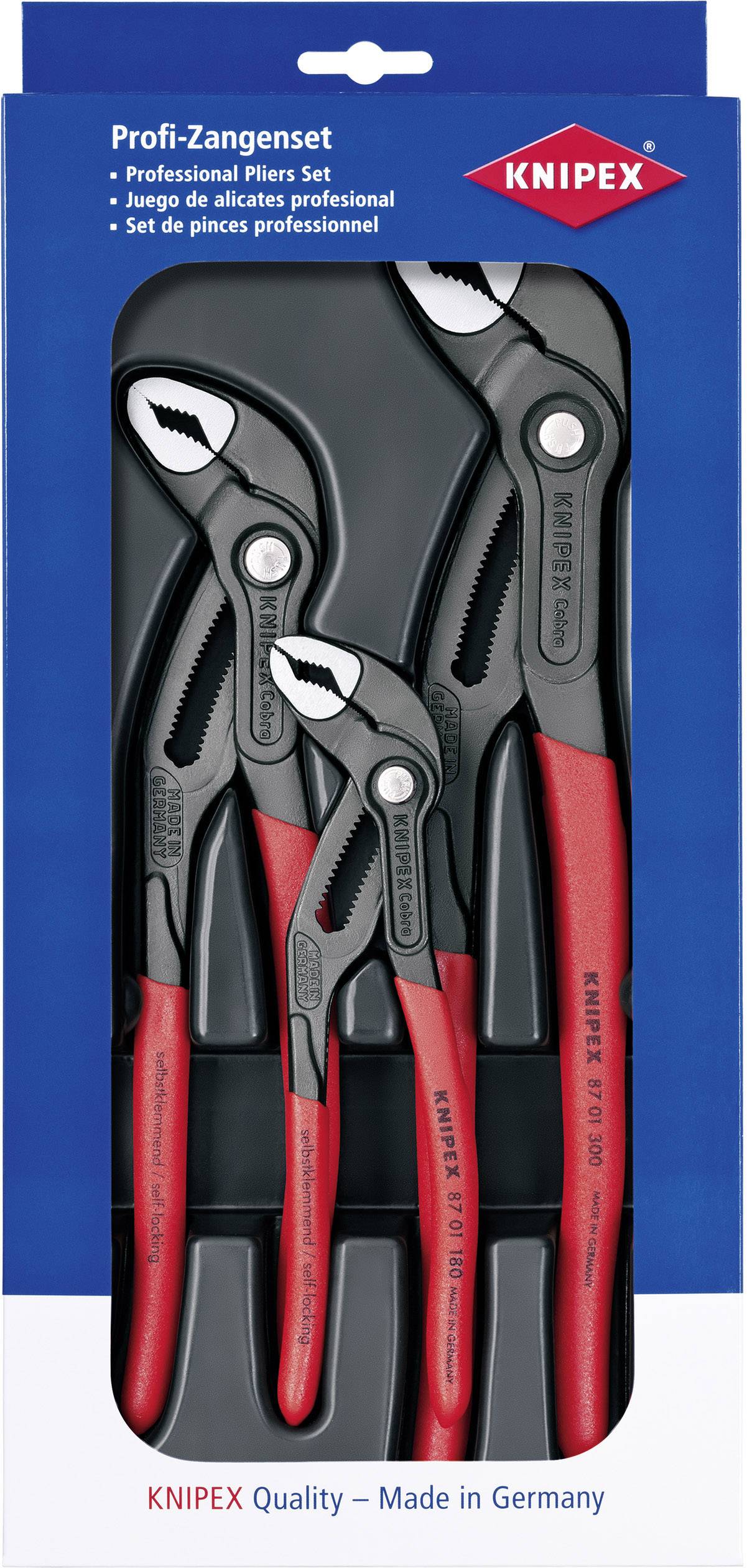 Drei KNIPEX Zangen in einer Verpackung: Profi-Zangenset mit Kunststoffgriffen, rot und schwarz. Hergestellt in Deutschland.