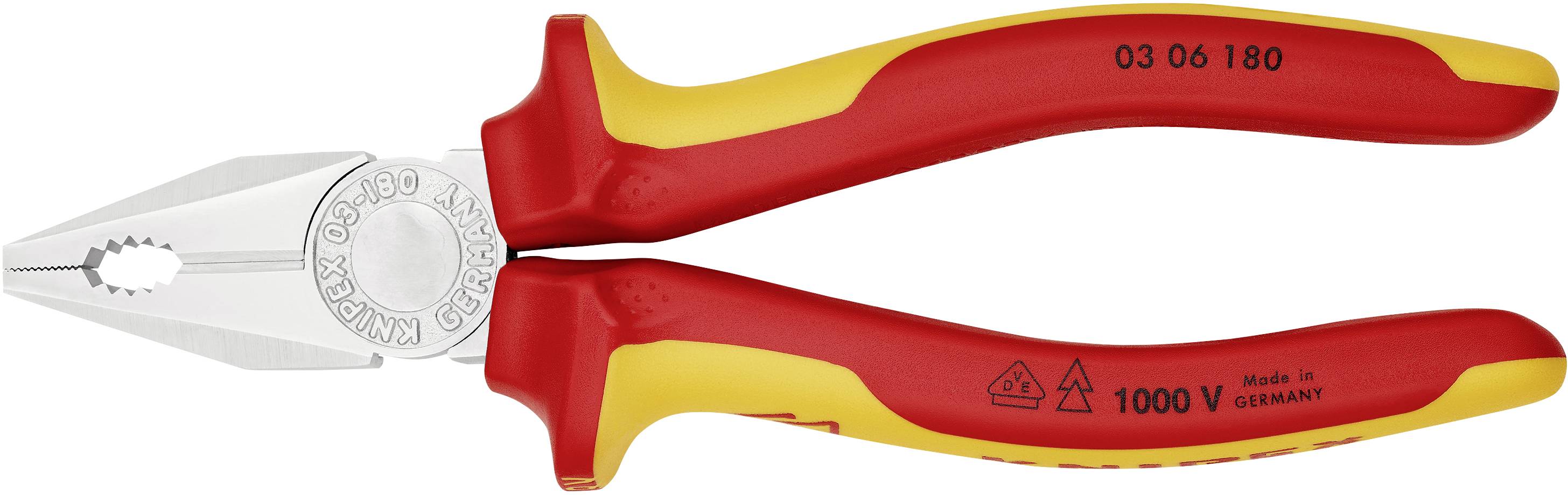 Kombizange mit isolierten, rot-gelben Griffen, geeignet für Arbeiten bis 1000V, Aufschrift 'Made in Germany', Metallklingen.