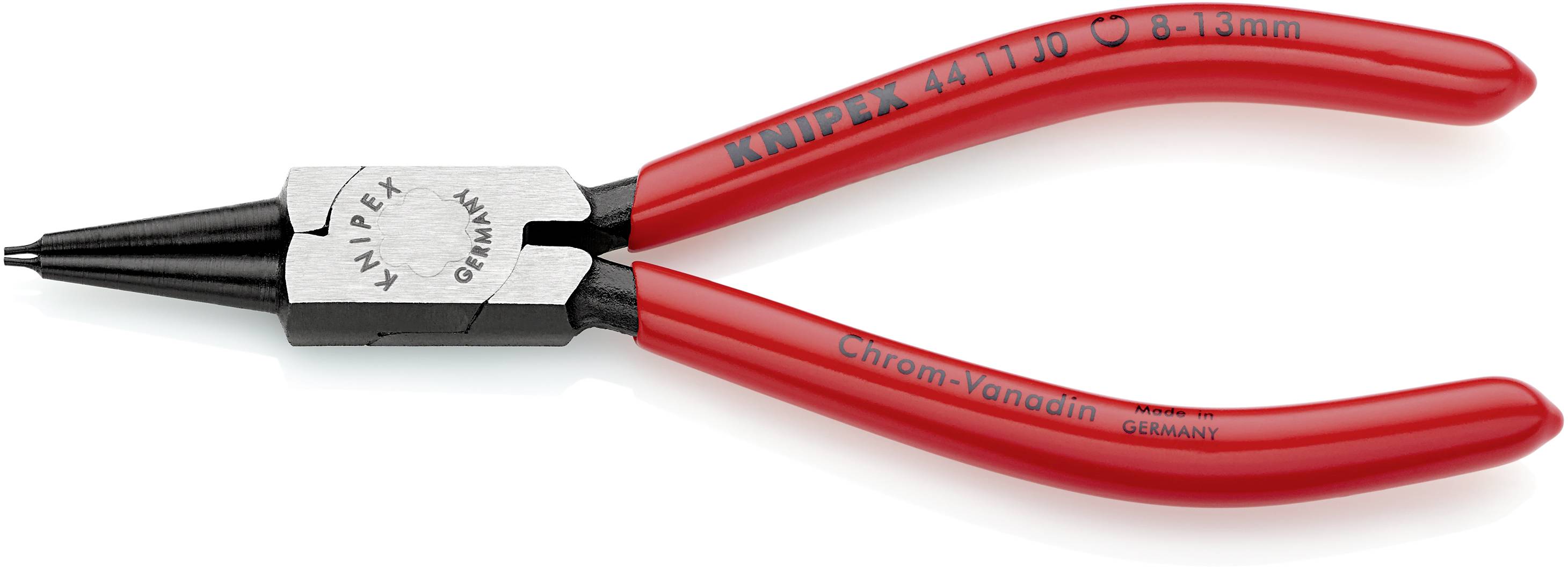 Rote Knipex-Zange mit konischen Backen, geeignet für feine Greifarbeiten und Montage kleiner Teile. Chrom-Vanadium-Konstruktion.