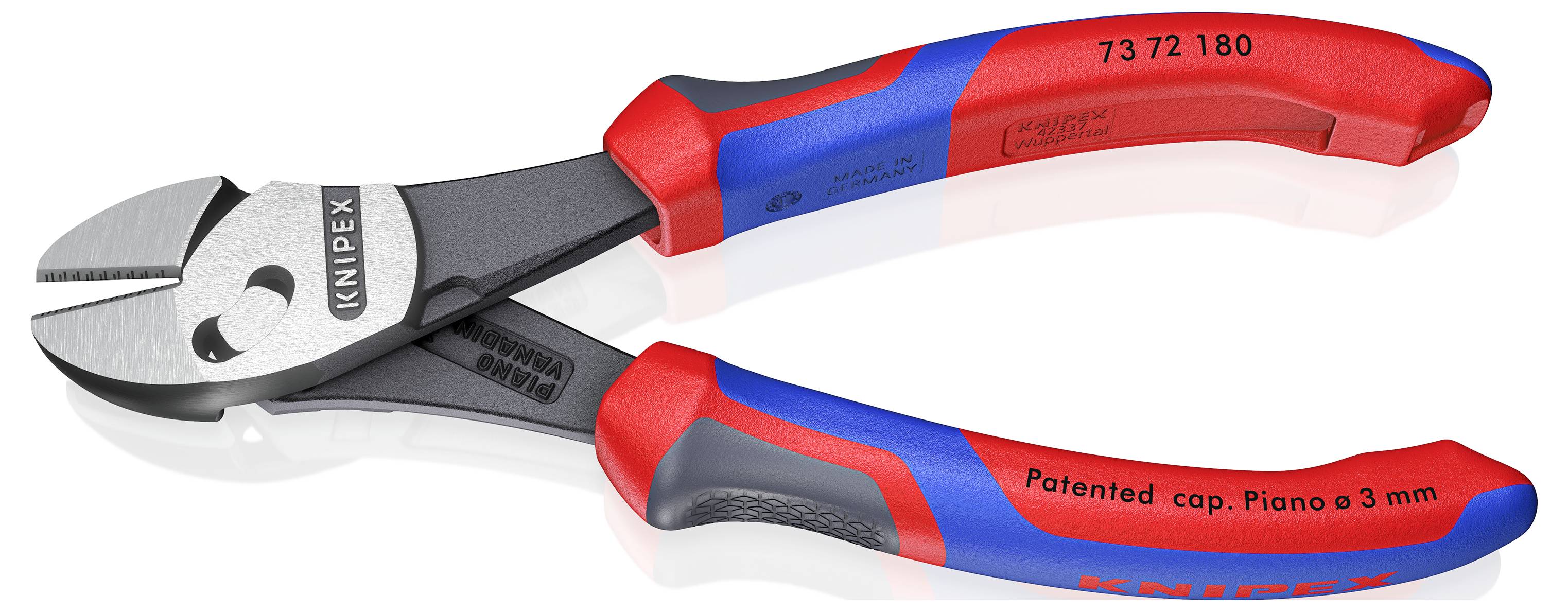 „Rot- und blaugriffige Knipex-Schneidezangen mit der Aufschrift „Patentierter Deckel. Klavier ø 3 mm