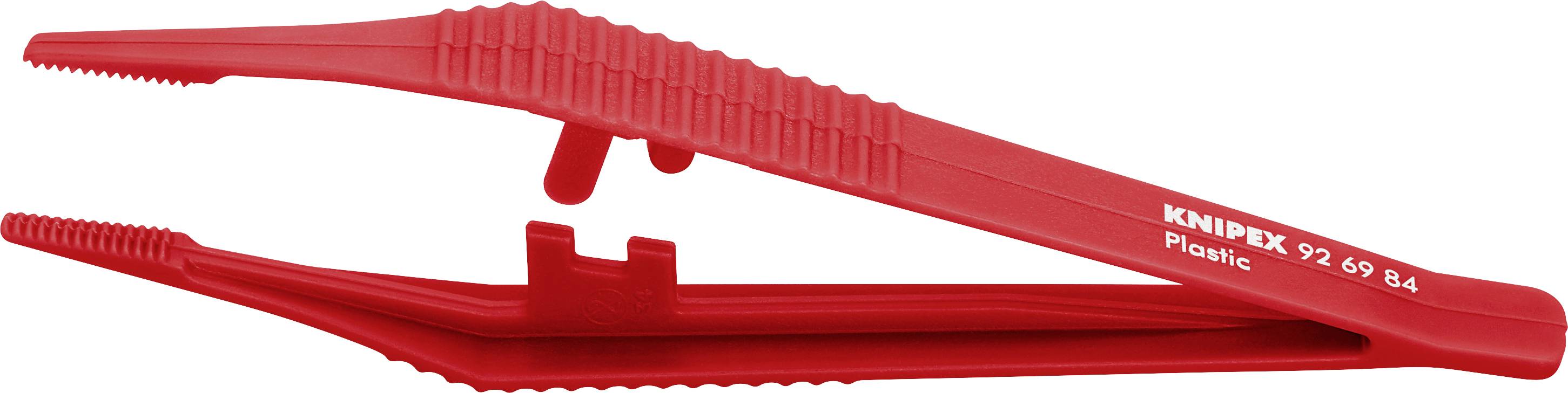 Rote Kunststoff-Pinzette von Knipex, diagonale Ansicht, mit gezahnten Spitzen und geriffeltem Griff.