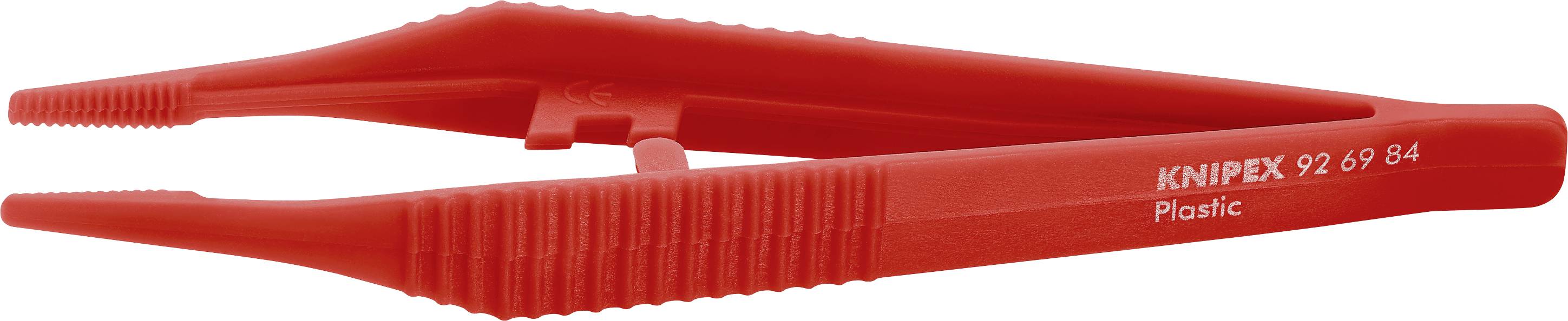 Rote Kunststoffpinzette mit geriffeltem Griff und der Aufschrift 'KNIPEX 92 68 84 Plastic' an der Seite.