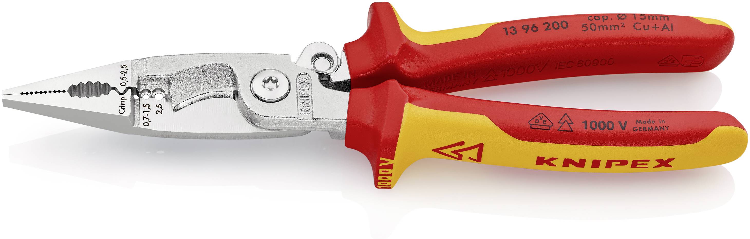 Eine rote und gelbe Kabelschere von Knipex, geeignet für Cu- und Al-Kabel bis 50 mm². Aufschrift: '1000 V', für Präzisionsschnitte.