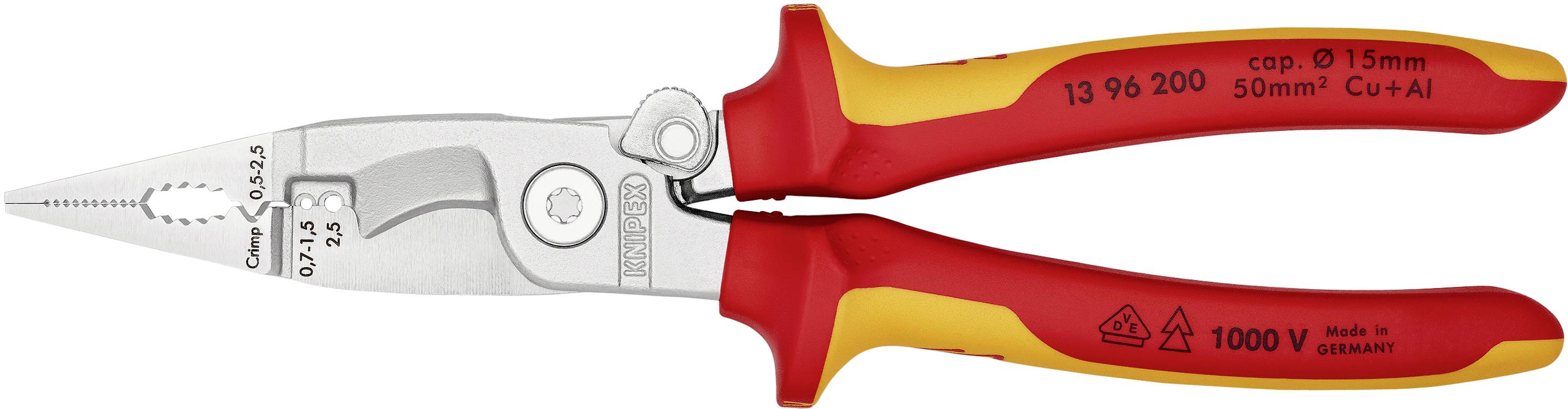 Rote Multimeterzange mit gelben Akzenten und Isolierung. Zeigt Markenlogo und elektrische Spezifikationen, geeignet für bis zu 1000V.