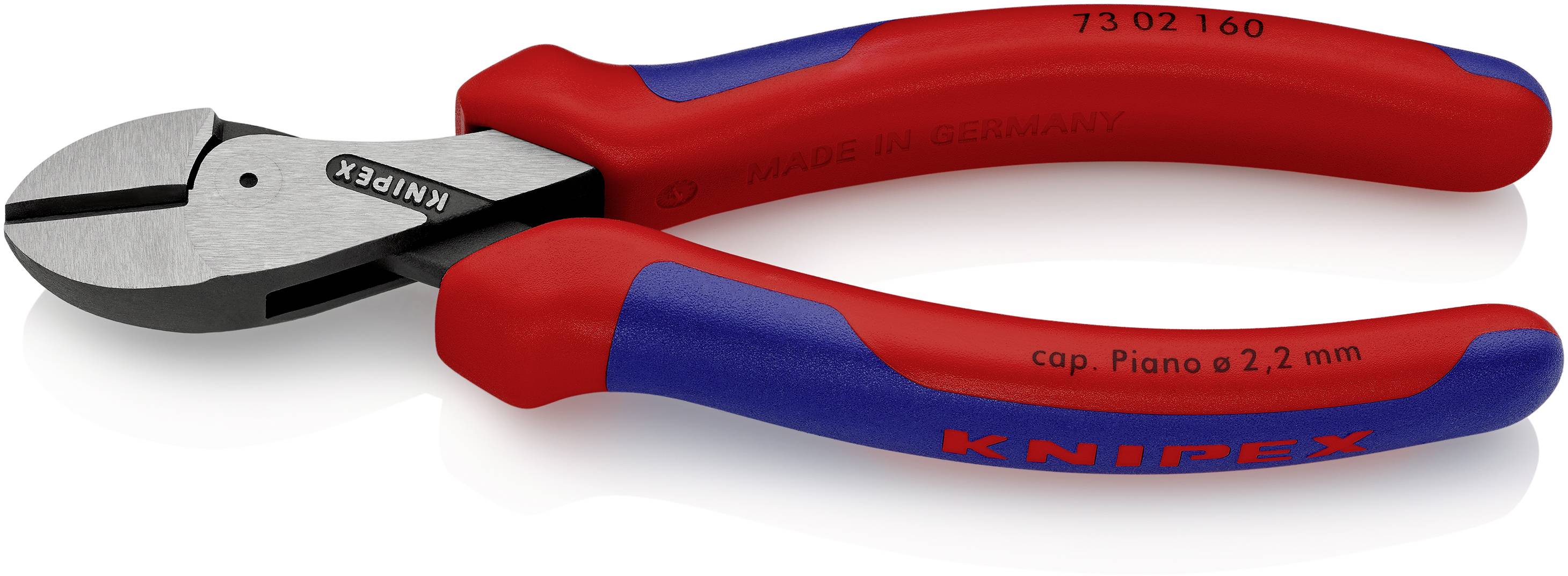 Seitenschneider aus Stahl mit roten und blauen Griffen. Aufschrift 'KNIPEX' und technische Spezifikationen sichtbar.