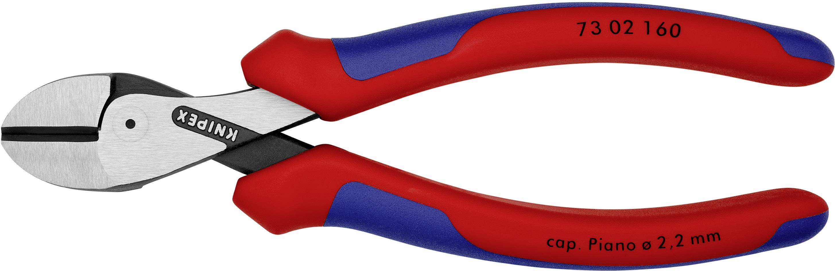Rote und blaue Seitenschneiderzange mit der Aufschrift 'Knipex', kap Piano Ø 2.2 mm.'