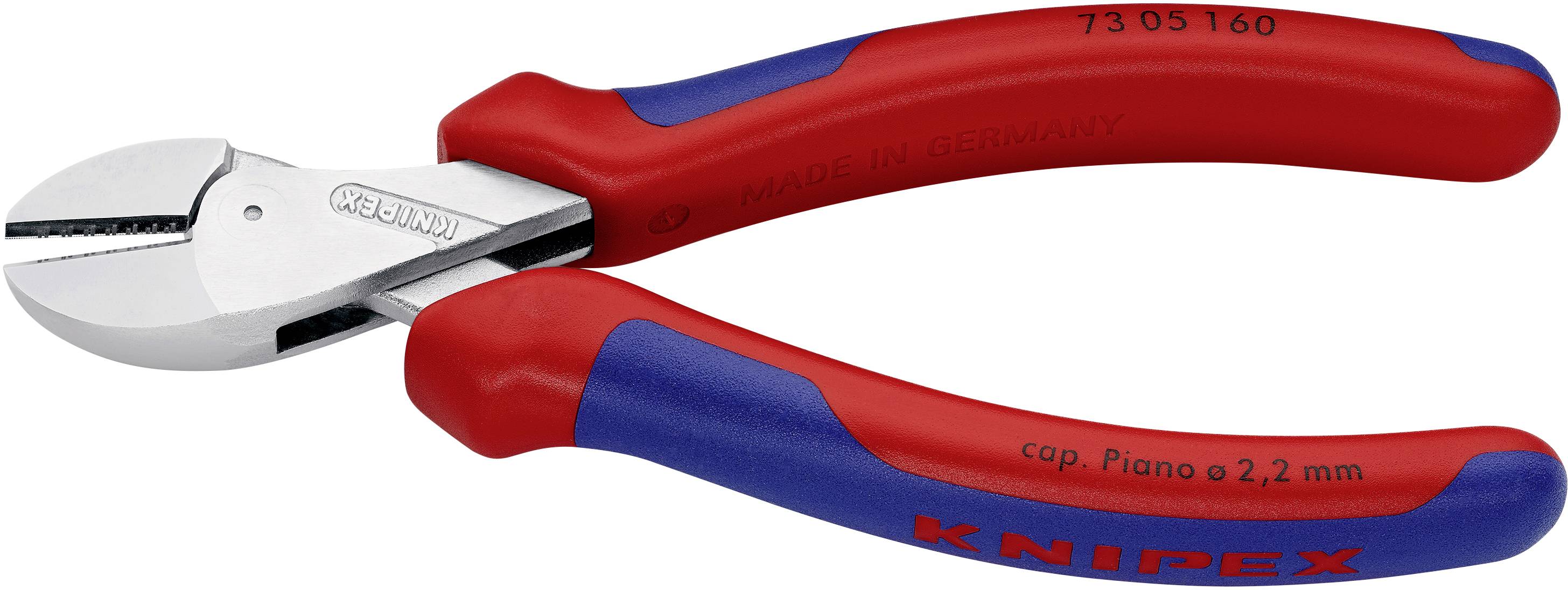 Eine rote und blaue Knipex-Seitenschneiderzange mit der Aufschrift 'made in Germany', geeignet für feinen Drahtschnitt bis 2,2 mm.