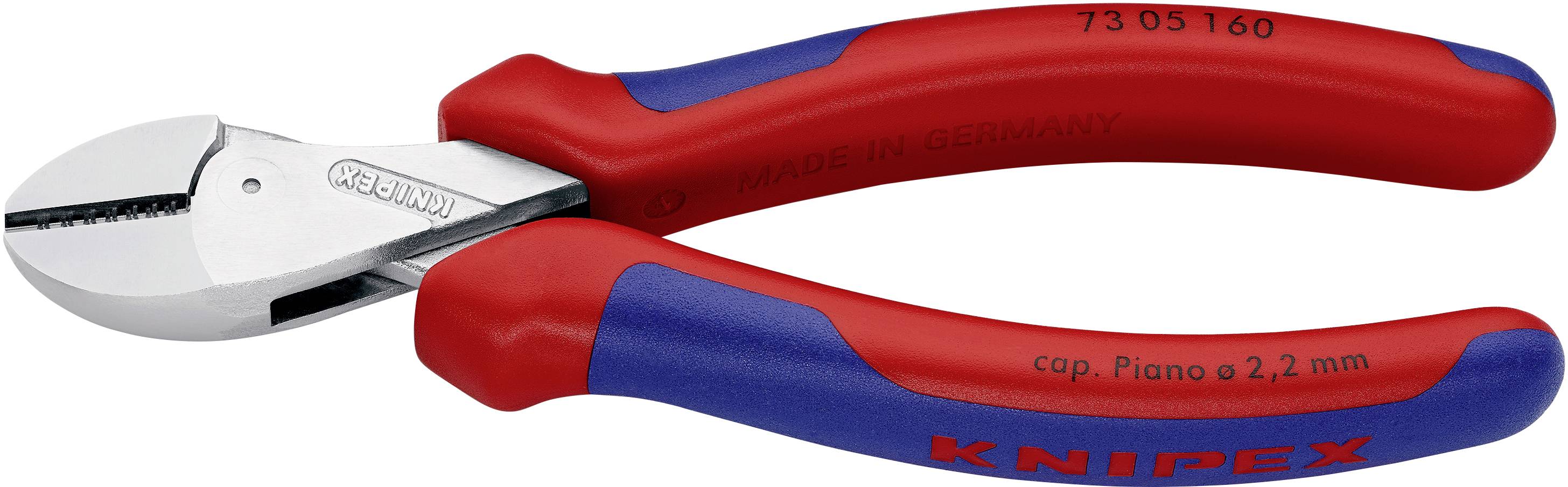 Eine rote und blaue Knipex-Seitenschneiderzange mit geriffeltem Griff und der Aufschrift '73 05 160' und 'cap. Piano ø 2,2 mm'.