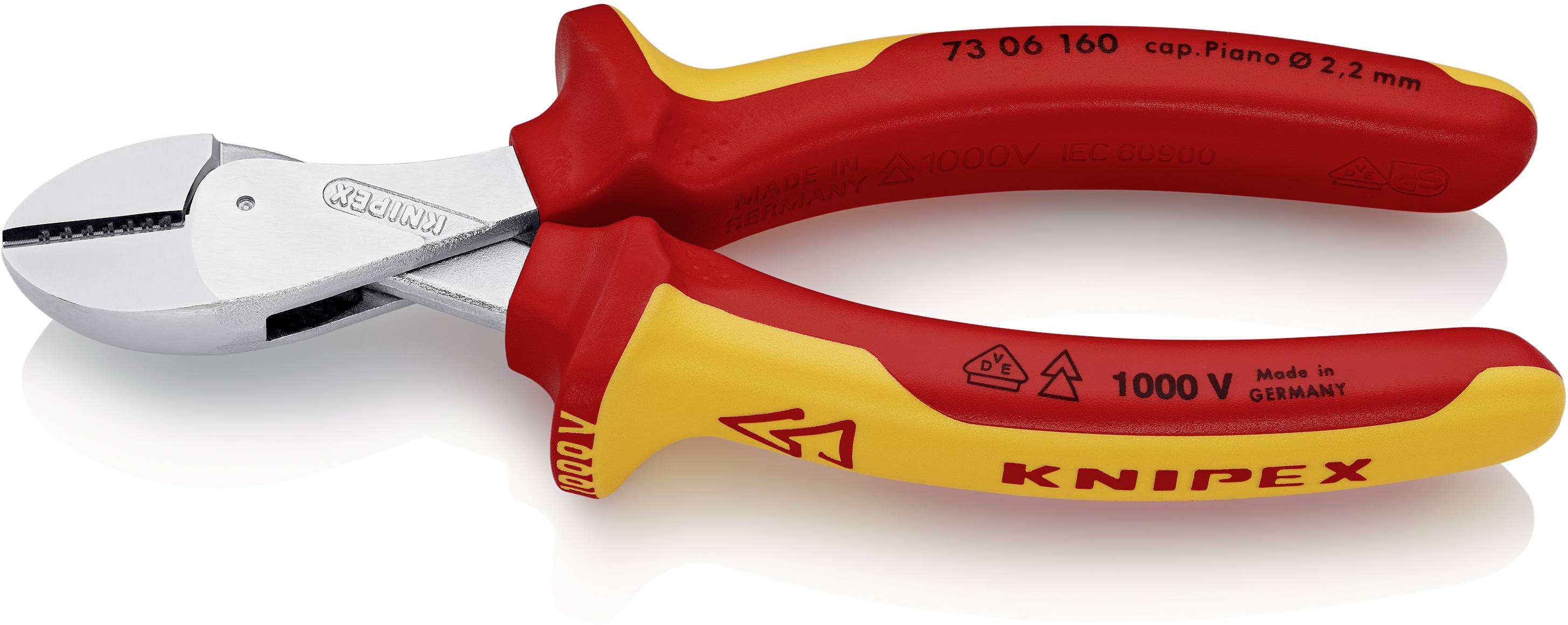 Isolierte Knipex-Kombizange mit roten und gelben Griffen, geeignet für Arbeiten bis 1000 Volt. Made in Germany.