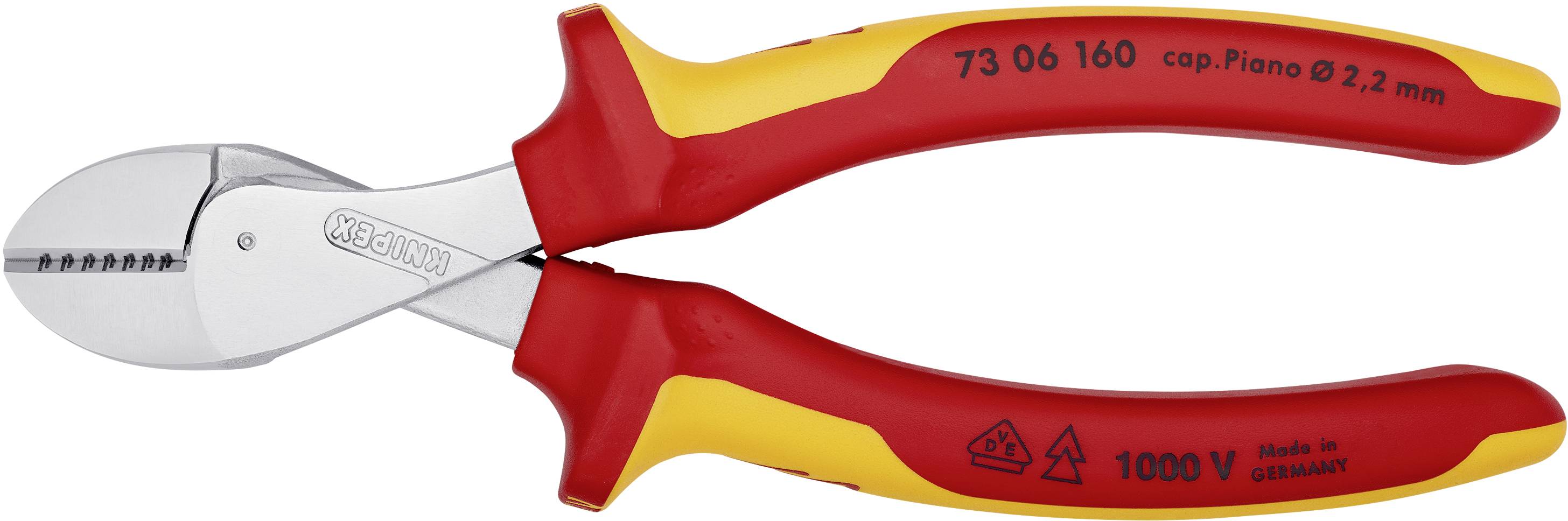 Eine rote und gelbe elektrische Abisolierzange mit isoliertem Griff, geeignet für bis zu 1000V, mit Aufdruck 'cap.Piano Ø 2.2 mm'.