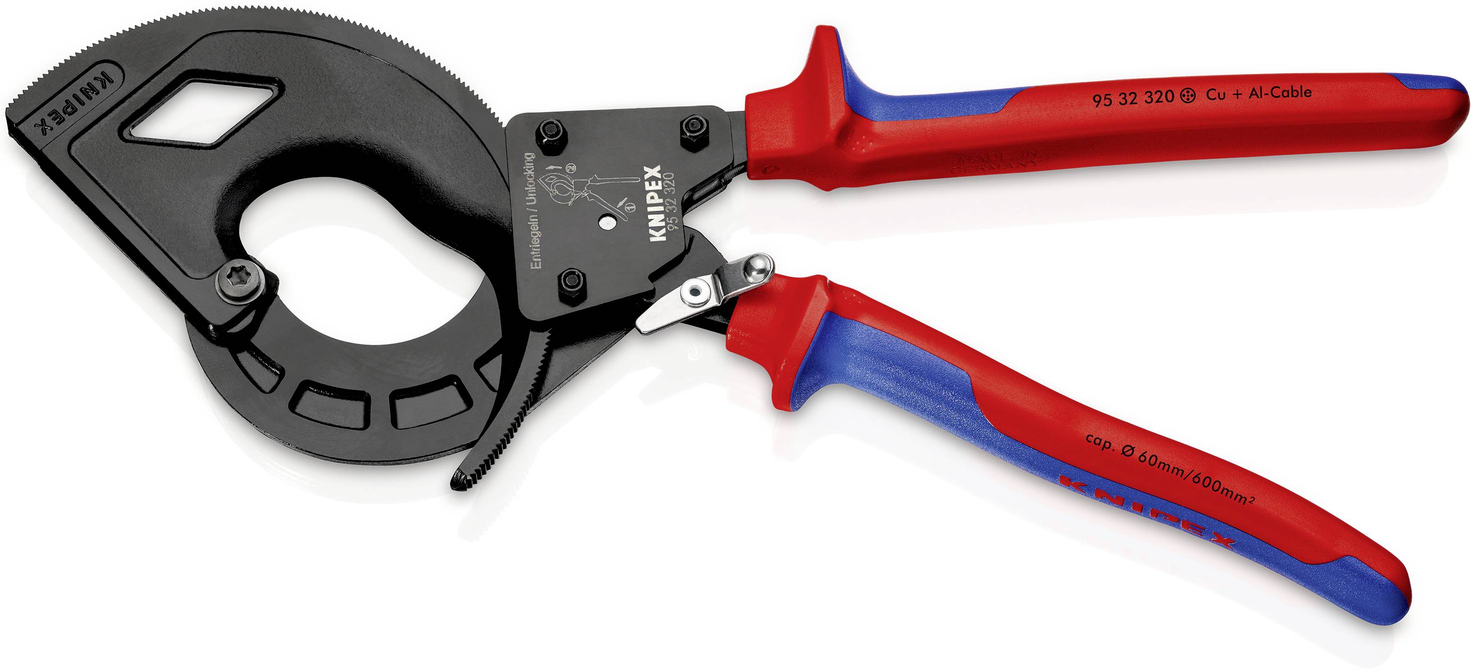 Knipex 95 32 320 Ratschen-Kabelschneider Geeignet für (Abisoliertechnik) Alu- und Kupferkabel, ein- und mehrdrähtig 60 mm 600 mm²