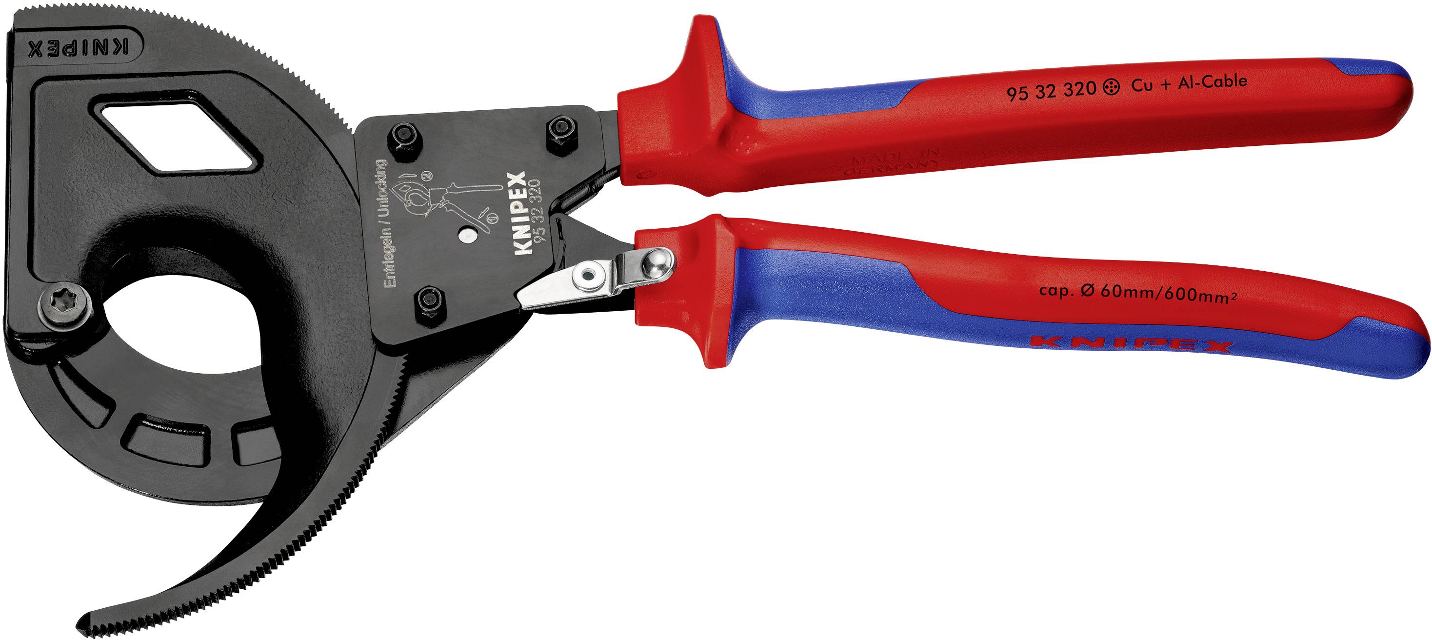 Kabelschneider mit roten und blauen Griffen, geeignet zum Schneiden von Kupfer- und Aluminiumkabeln bis 60 mm Durchmesser.