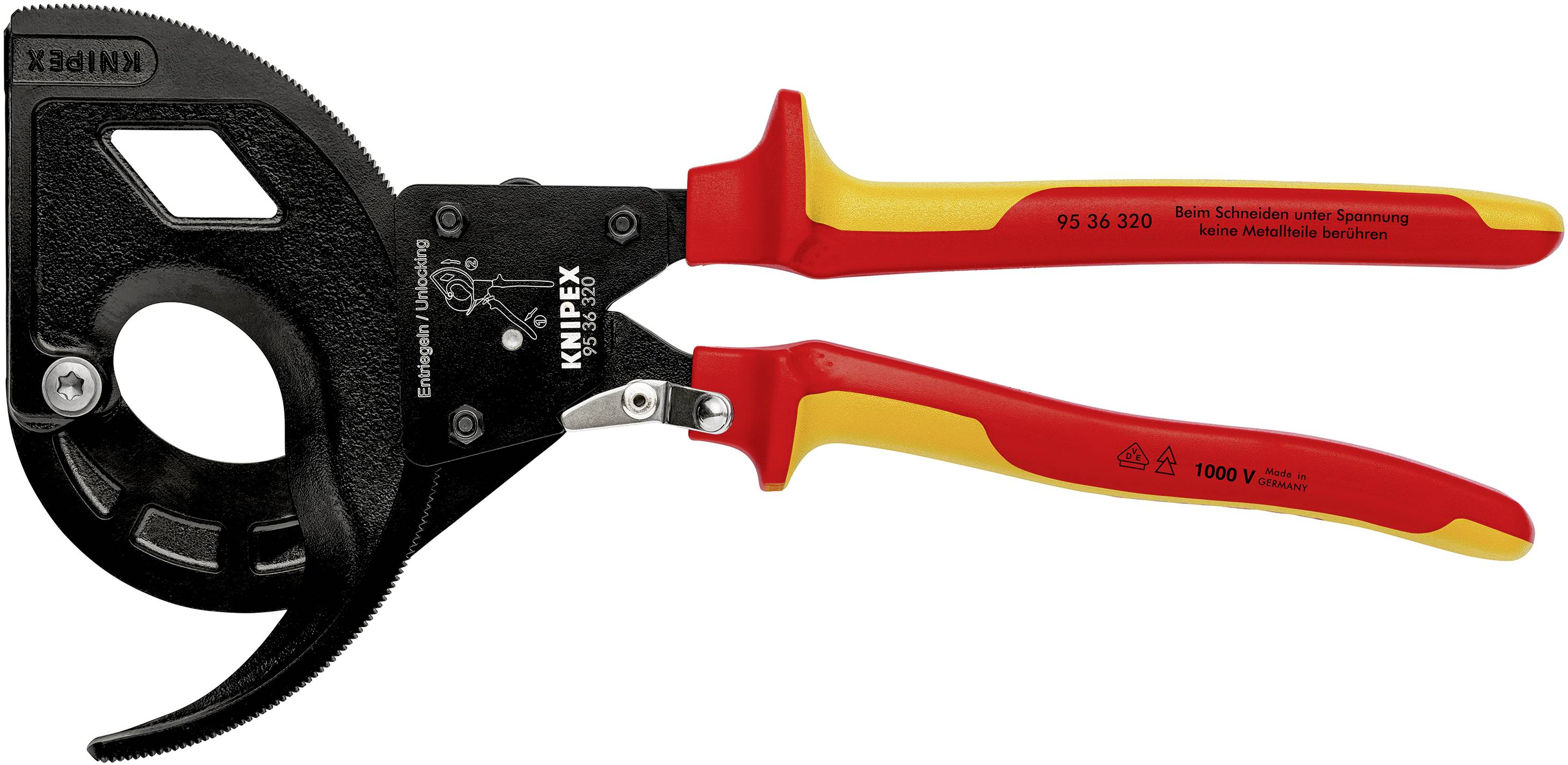 Eine elektrische Kabelschere von Knipex, isoliert für bis zu 1000V. Geeignet für das Schneiden von dicken Kabeln.